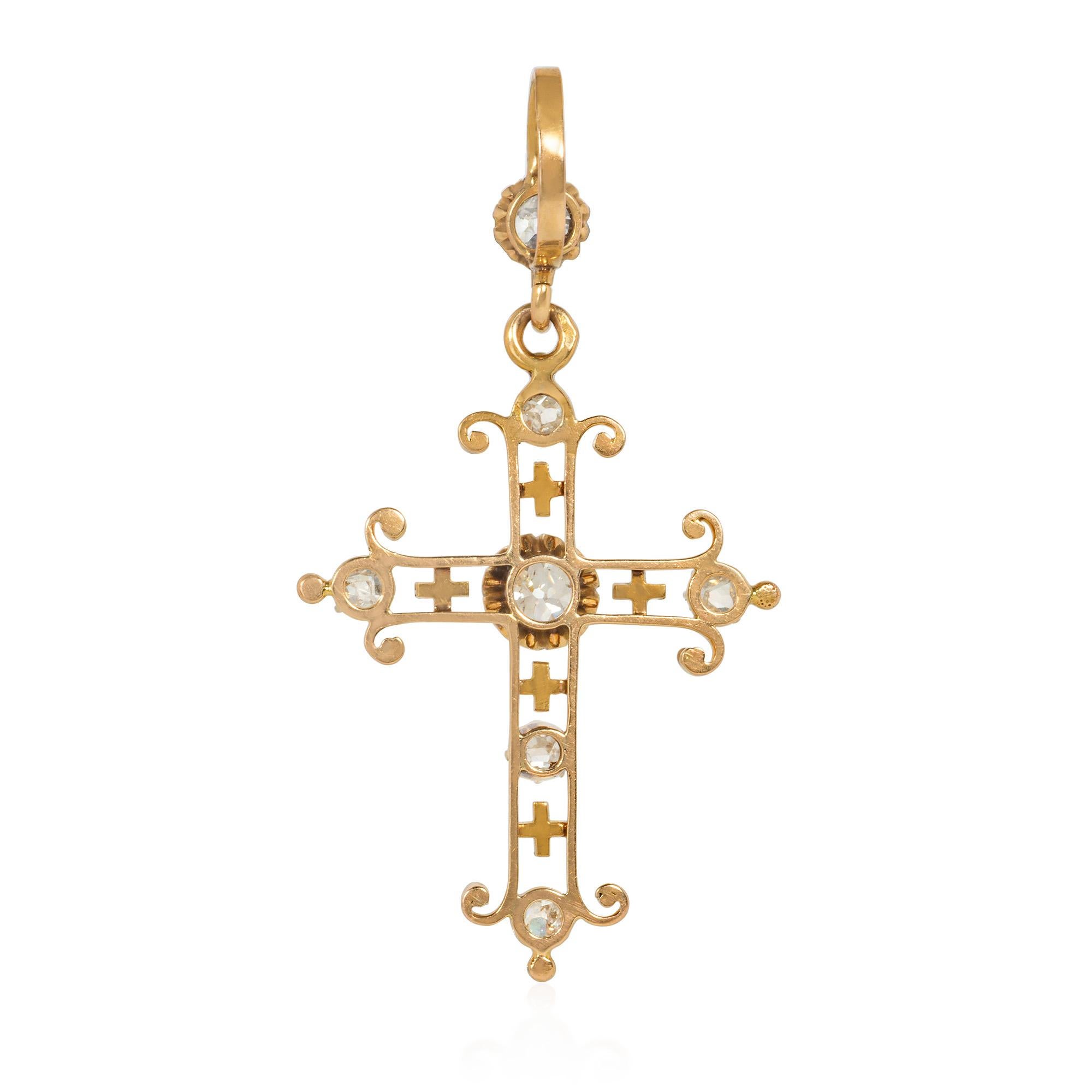 Victorian French Antique Gold and Old Mine Diamond Cross Pendant with Enamel Accents For Sale