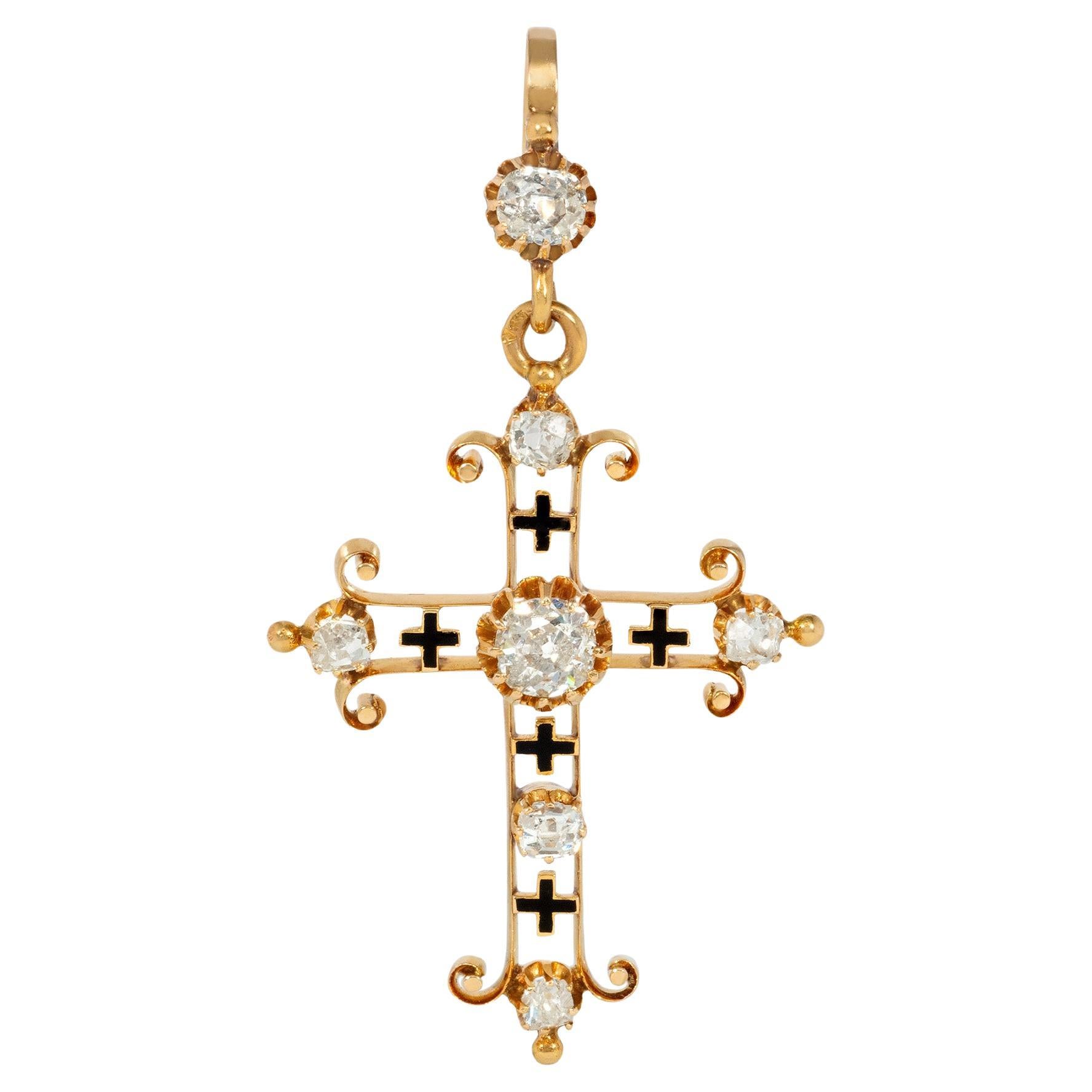Pendentif croix française ancienne en or et diamants taille vieille mine avec accents d'émail