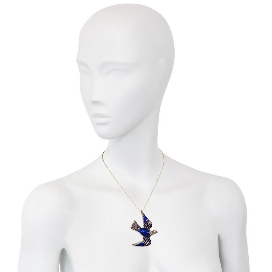 Women's or Men's French Antique Gold, Blue Enamel, and Diamond Flying Swallow Brooch or Pendant