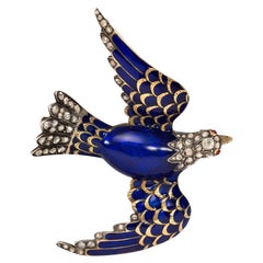 French Antique Gold, Blue Enamel, and Diamond Flying Swallow Brooch or Pendant