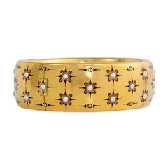 French Antique Gold Bracelet with Half Pearls and Black Enamel Decorations