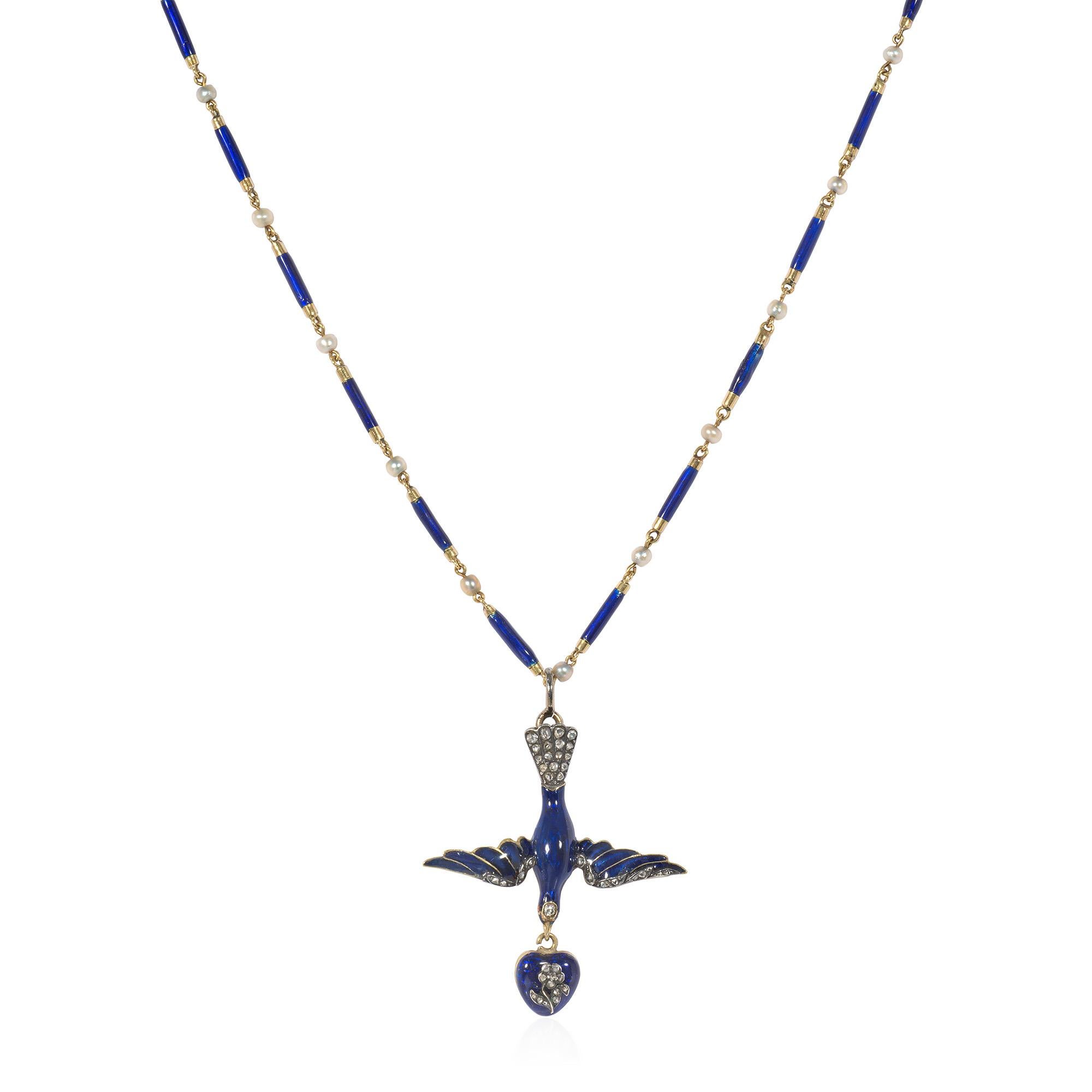 An antique early Victorian gold, enamel, diamond, and seed pearl necklace comprised of a gold and blue enamel baton link chain with seed pearl spacers, suspending a pendant in the form of a blue enameled bird with rose diamond embellishment on the