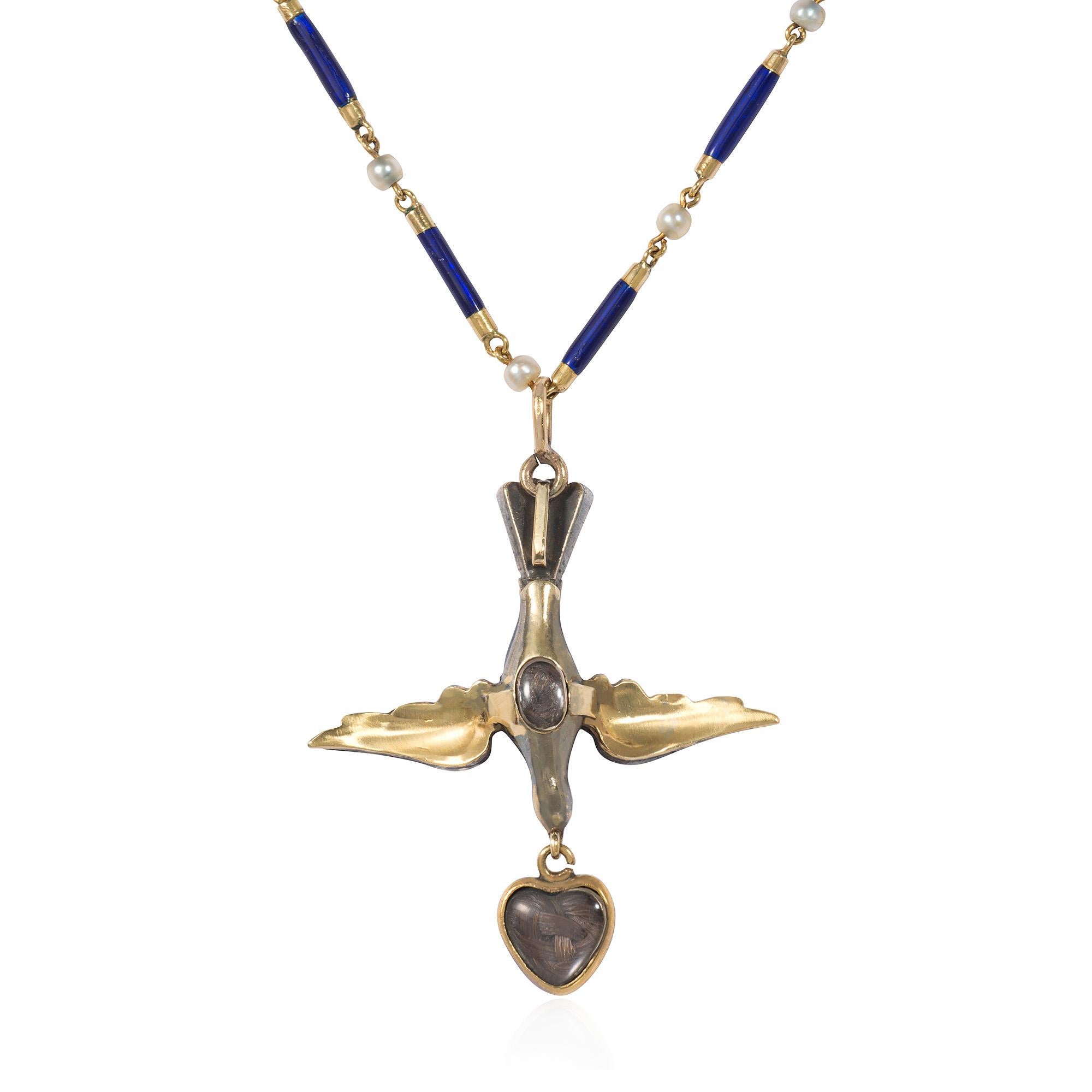 Early Victorian French Antique Gold, Enamel, Diamond, Pearl Necklace with Bird and Heart Locket For Sale