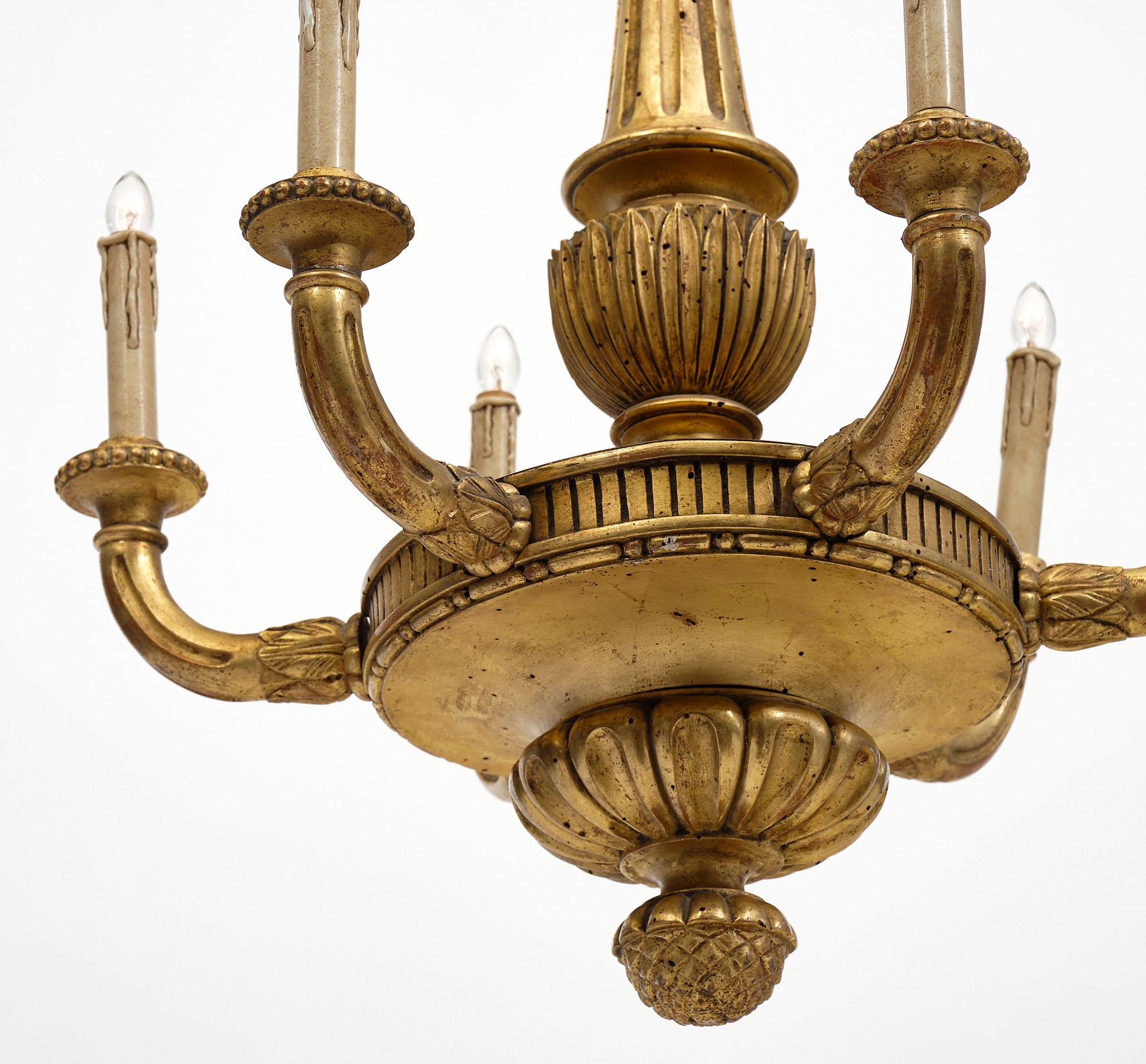 French Antique Gold Leafed Wood Chandelier In Good Condition In Austin, TX
