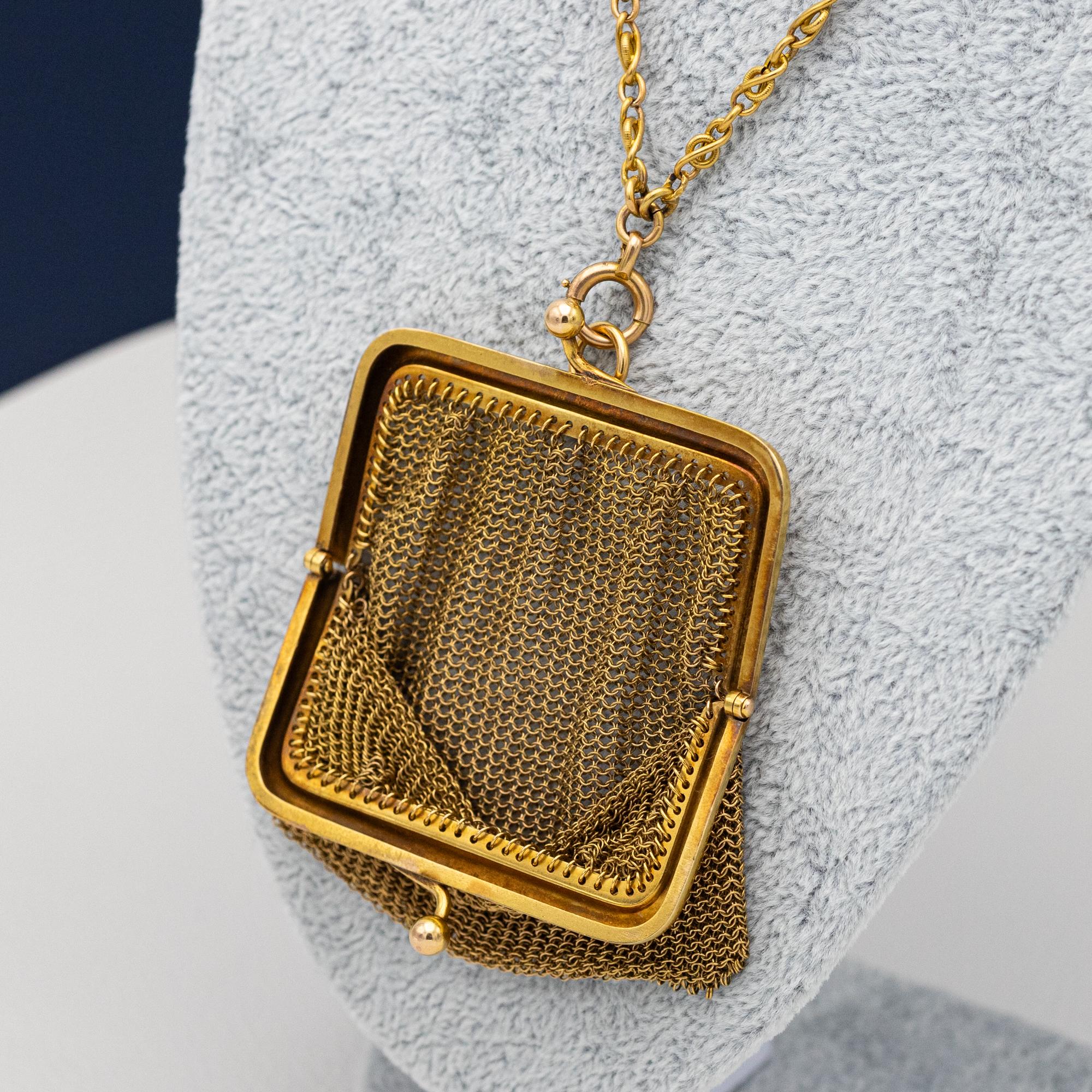 Französische antike Goldnetztasche aus Mesh-Handtasche - Münztasche aus 18 Karat Gelbgold 6