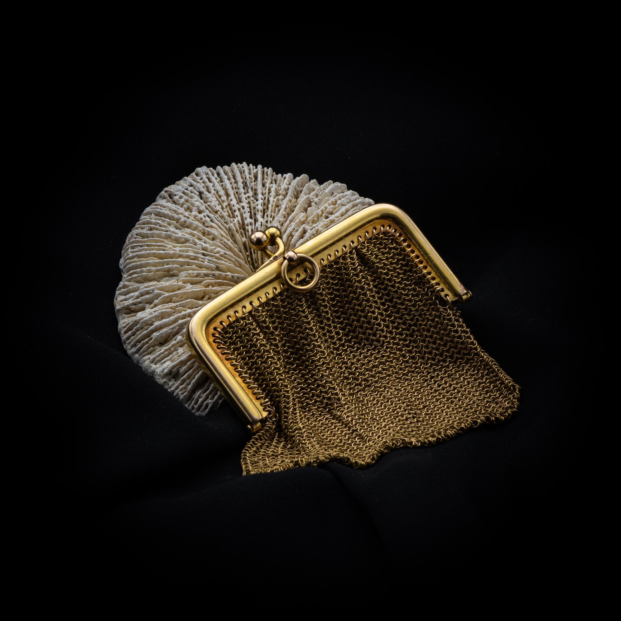 Französische antike Goldnetztasche aus Mesh-Handtasche - Münztasche aus 18 Karat Gelbgold 9