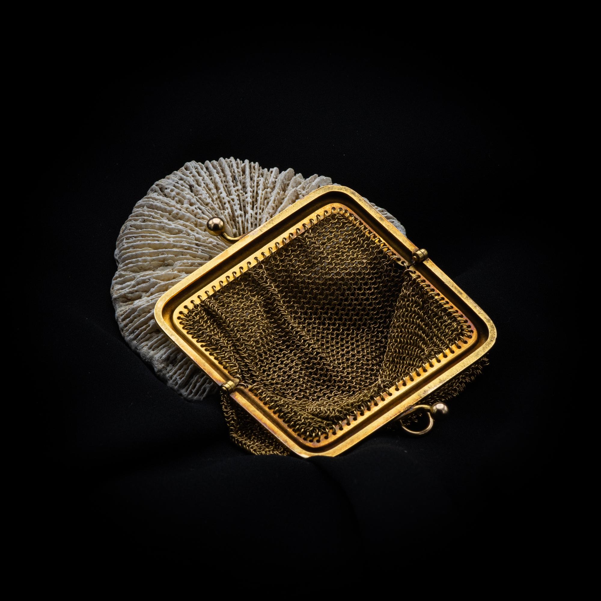 Französische antike Goldnetztasche aus Mesh-Handtasche - Münztasche aus 18 Karat Gelbgold 10