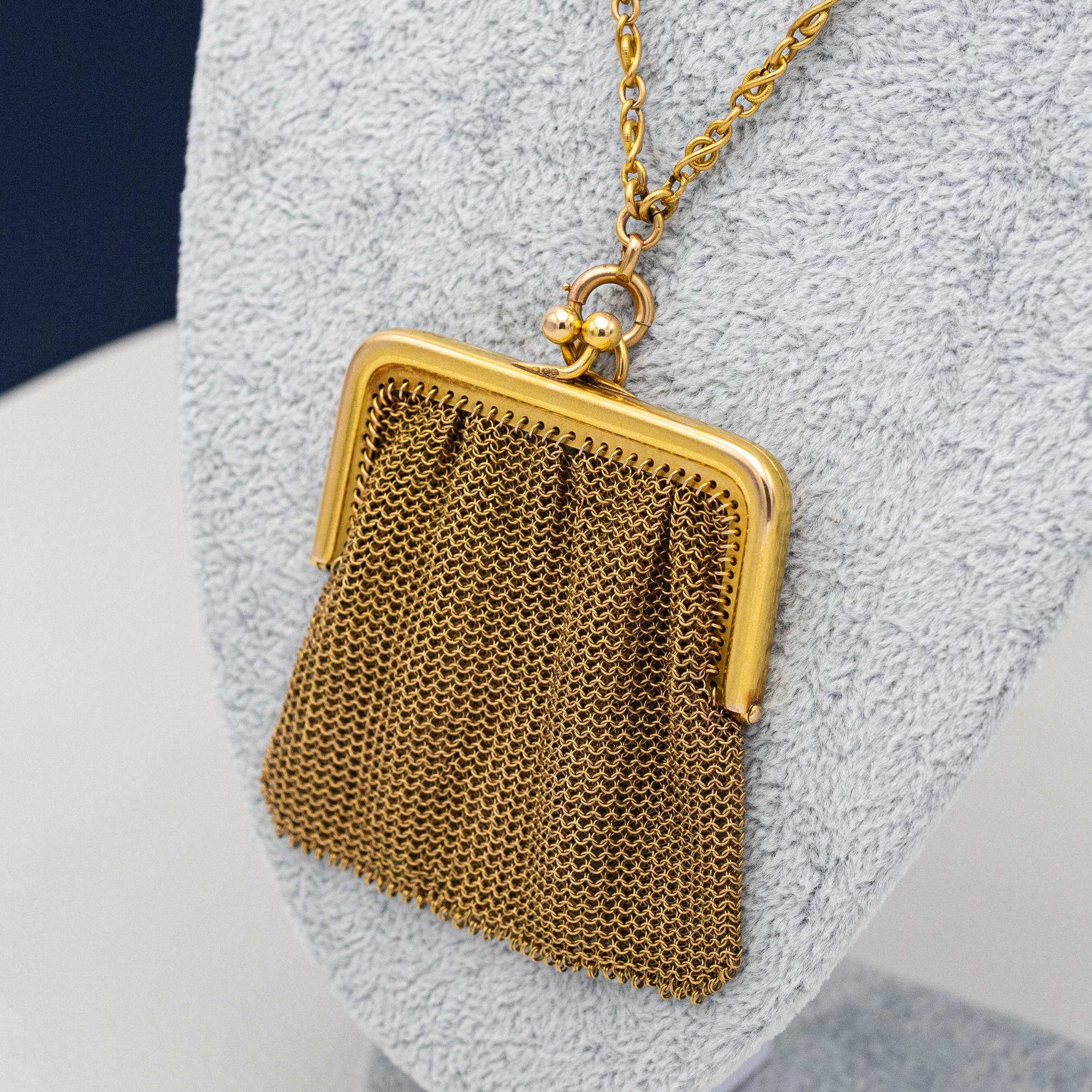Französische antike Goldnetztasche aus Mesh-Handtasche - Münztasche aus 18 Karat Gelbgold 2