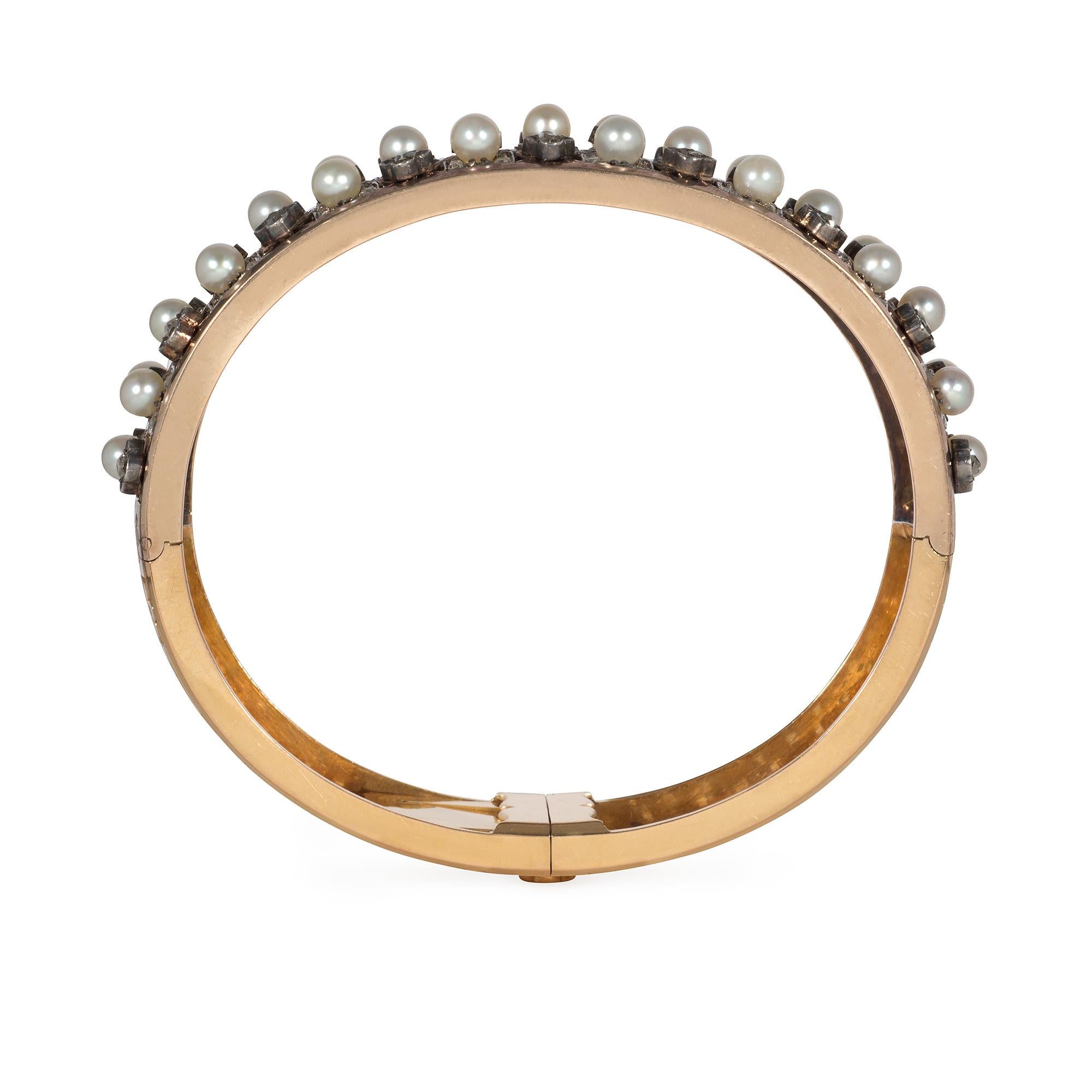 Victorien Bracelet manchette en or ancien, perles et diamants roses en forme de treillis ouvert en vente