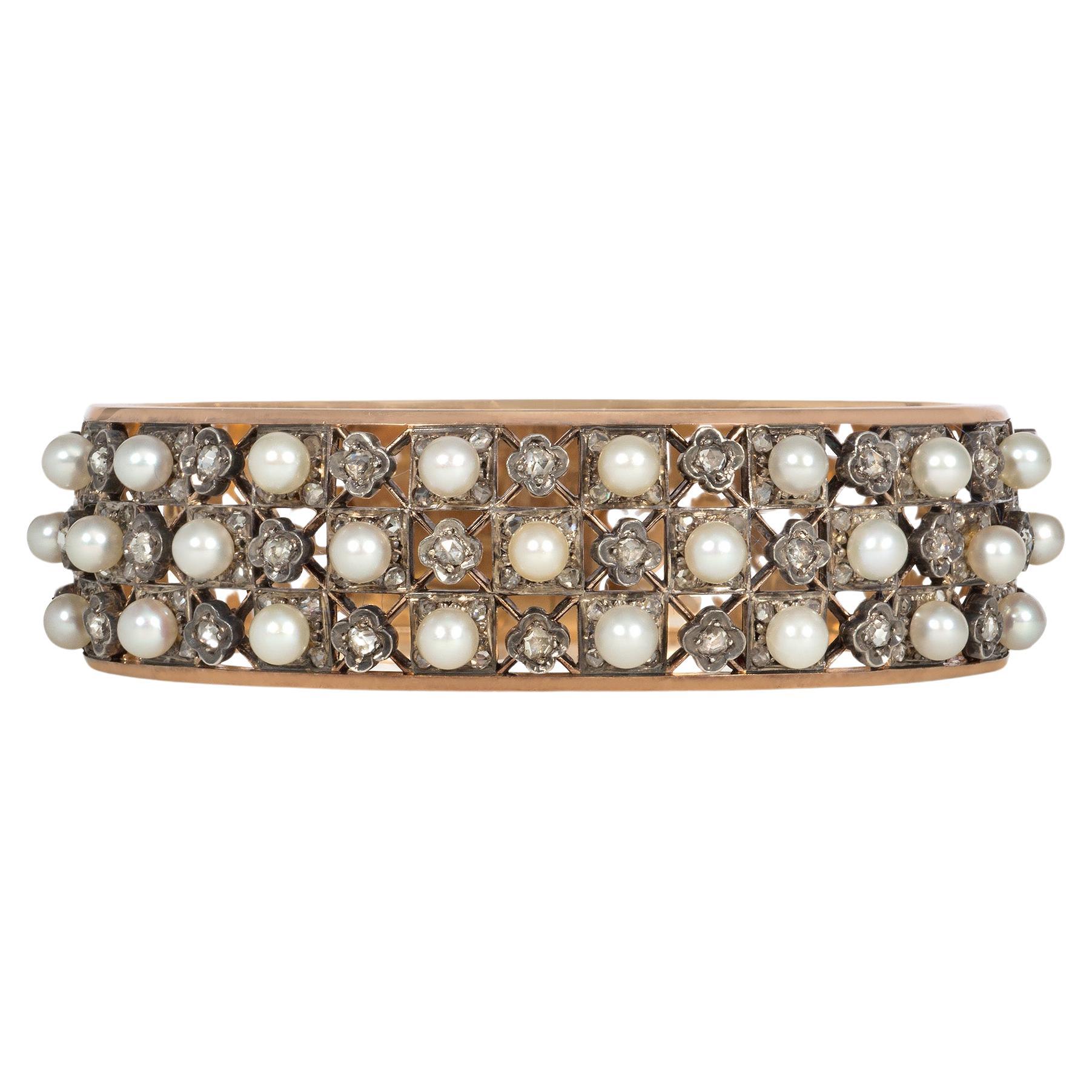 French Antique Gold, Pearl, and Rose Diamond Open Lattice Design Cuff Bracelet For Sale
