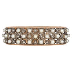 Bracelet manchette en or ancien, perles et diamants roses en forme de treillis ouvert