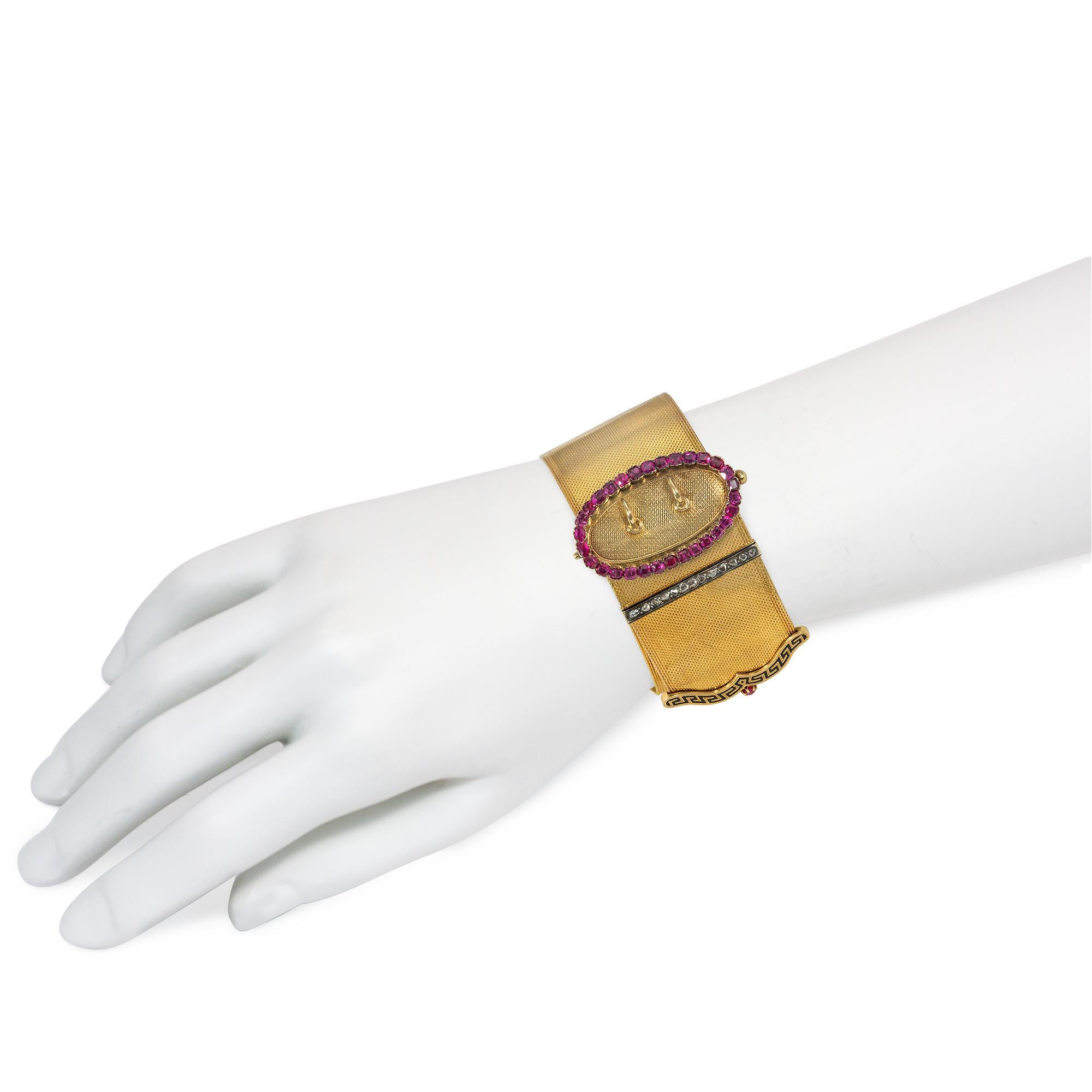 Rose Cut French Antique Gold, Ruby, Diamond, and Enamel Buckled Strap Slide Bracelet For Sale