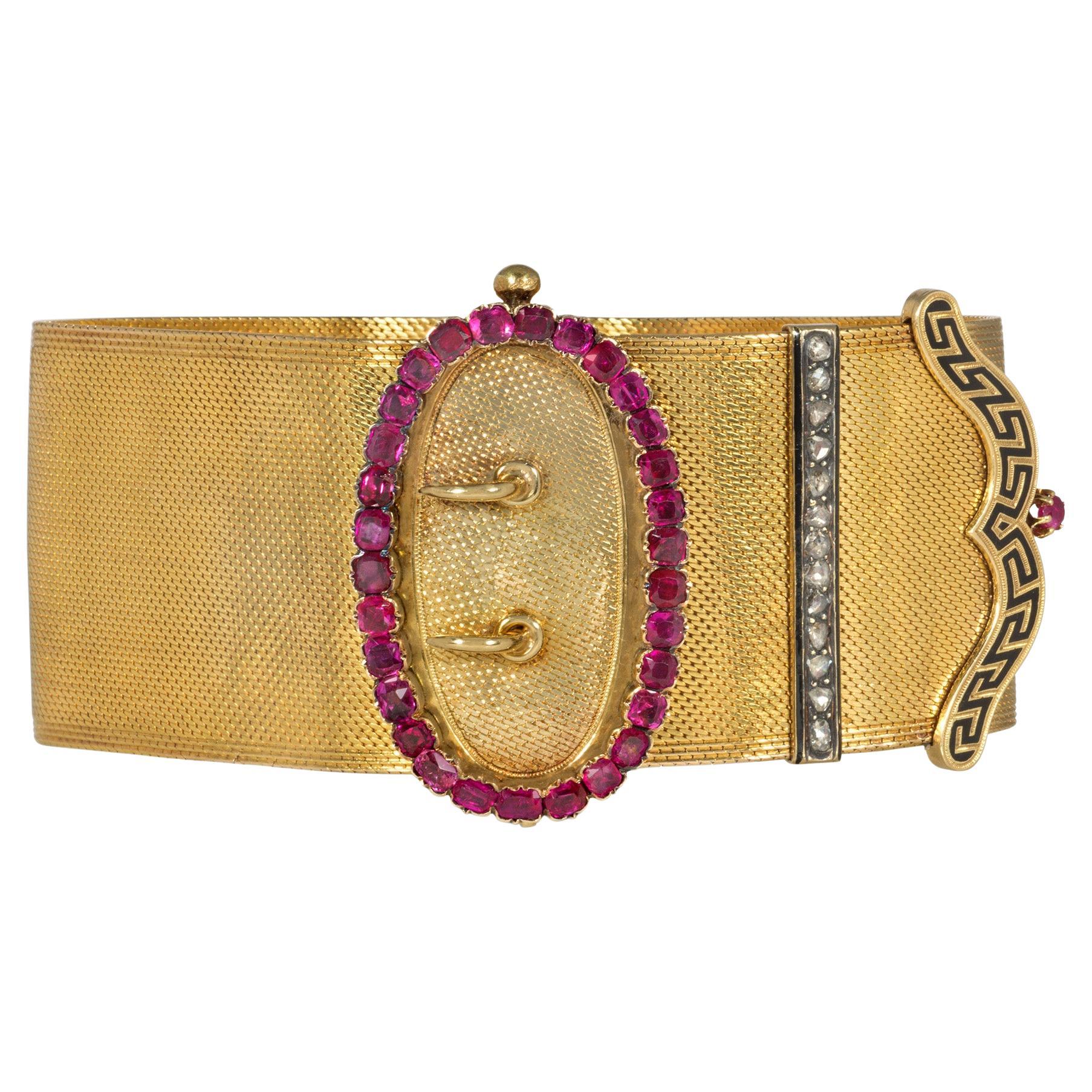 French Antique Gold, Ruby, Diamond, and Enamel Buckled Strap Slide Bracelet