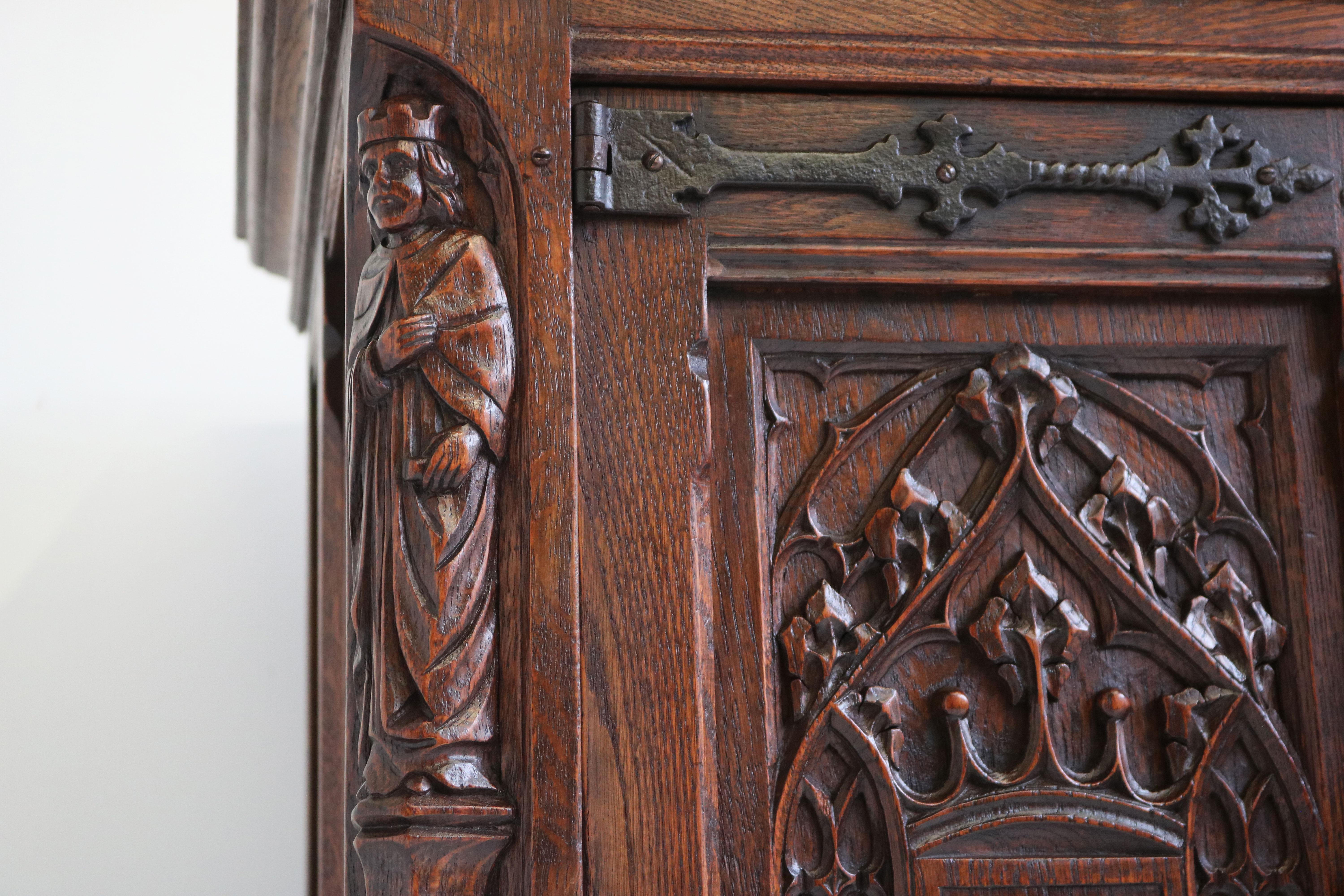 French Antique Gothic Revival Cabinet / Small Credenza 1920 Carved Figures Oak 6