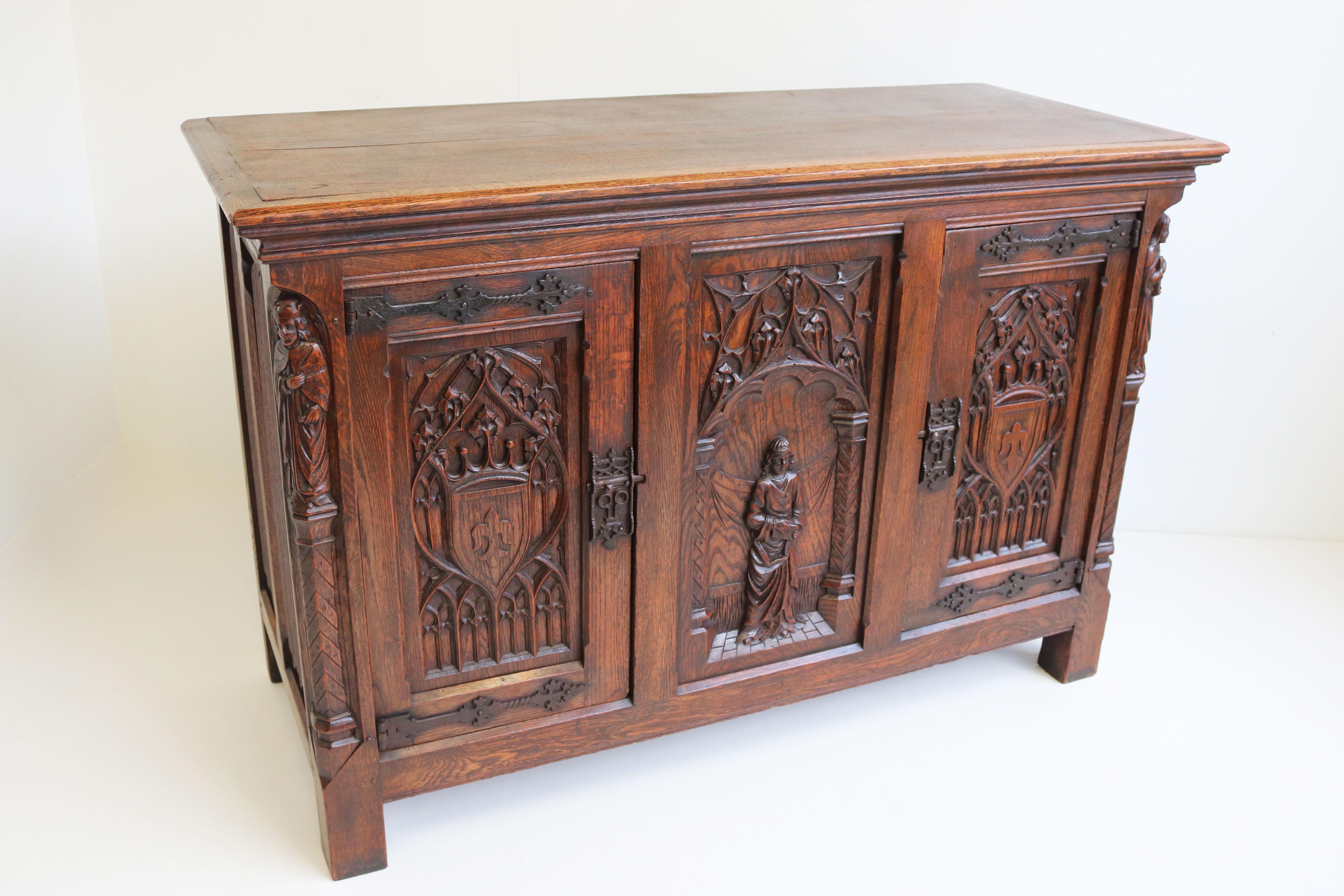 French Antique Gothic Revival Cabinet / Small Credenza 1920 Carved Figures Oak 9