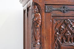 French Antique Gothic Revival Cabinet / Small Credenza 1920 Carved Figures Oak