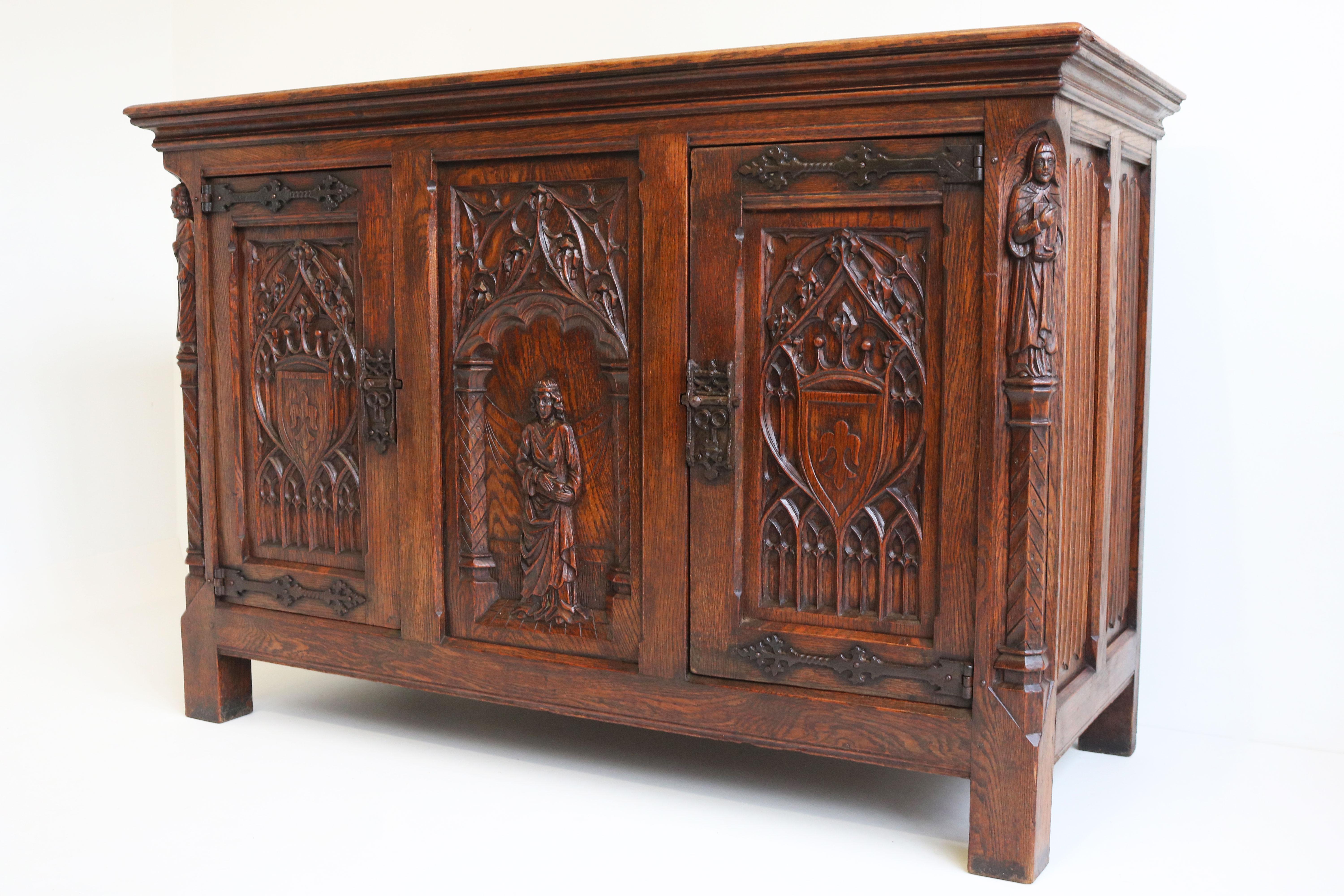 Early 20th Century French Antique Gothic Revival Cabinet / Small Credenza 1920 Carved Figures Oak
