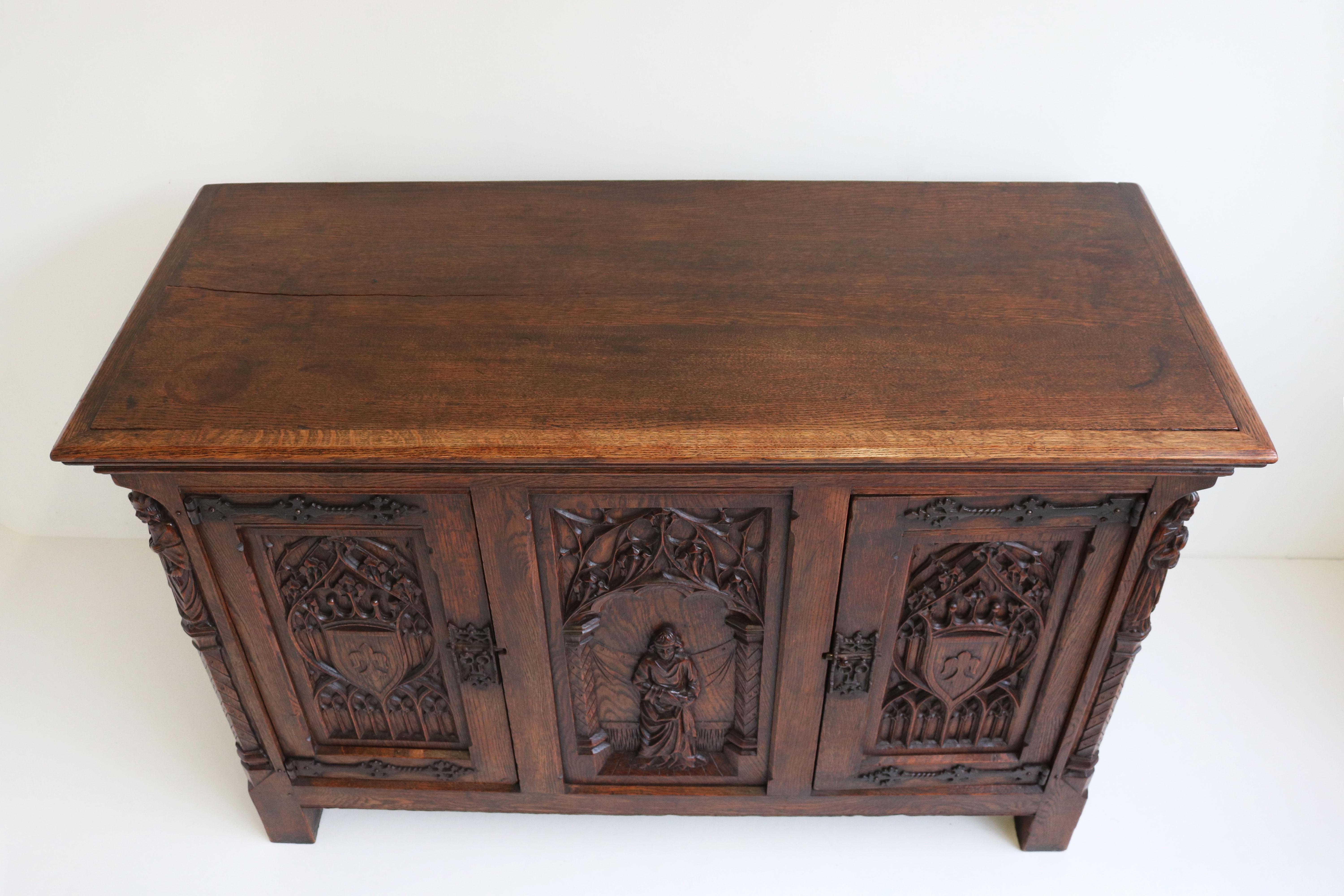 French Antique Gothic Revival Cabinet / Small Credenza 1920 Carved Figures Oak 3