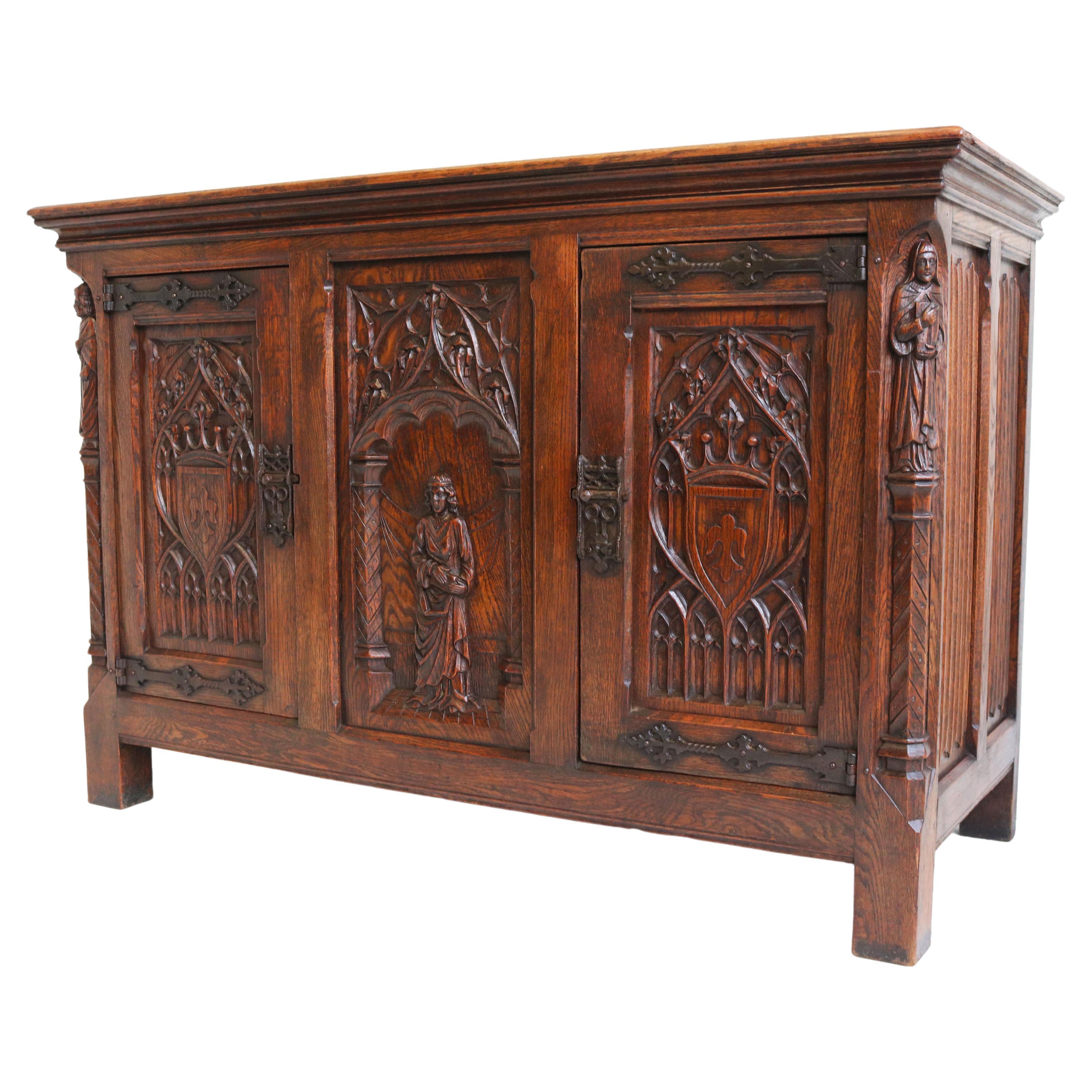 French Antique Gothic Revival Cabinet / Small Credenza 1920 Carved Figures  Oak For Sale at 1stDibs
