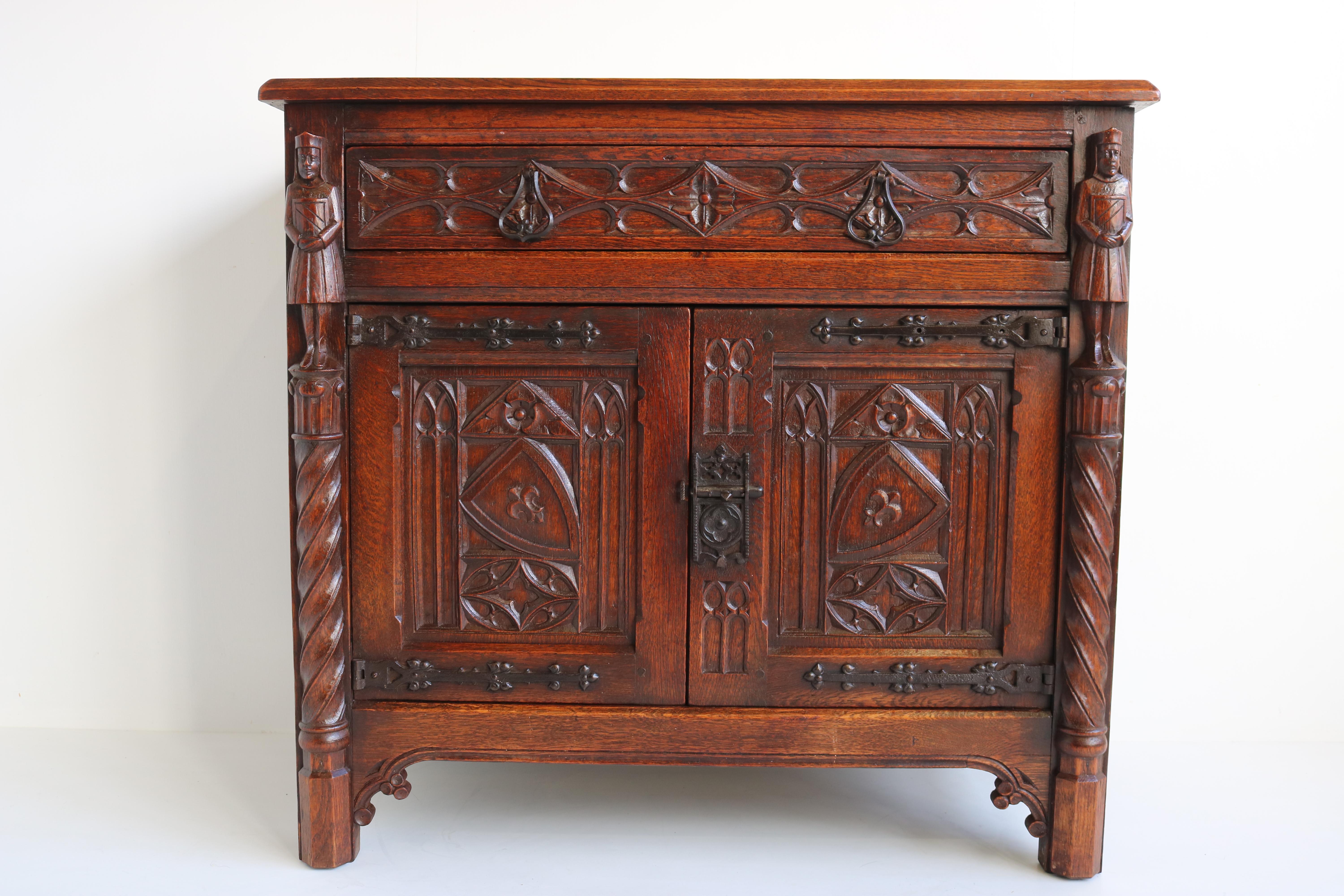 French Antique Gothic Revival Cabinet / Small Credenza 1920 Knights Carved Oak 5