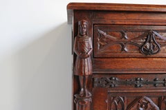 French Antique Gothic Revival Cabinet / Small Credenza 1920 Knights Carved Oak