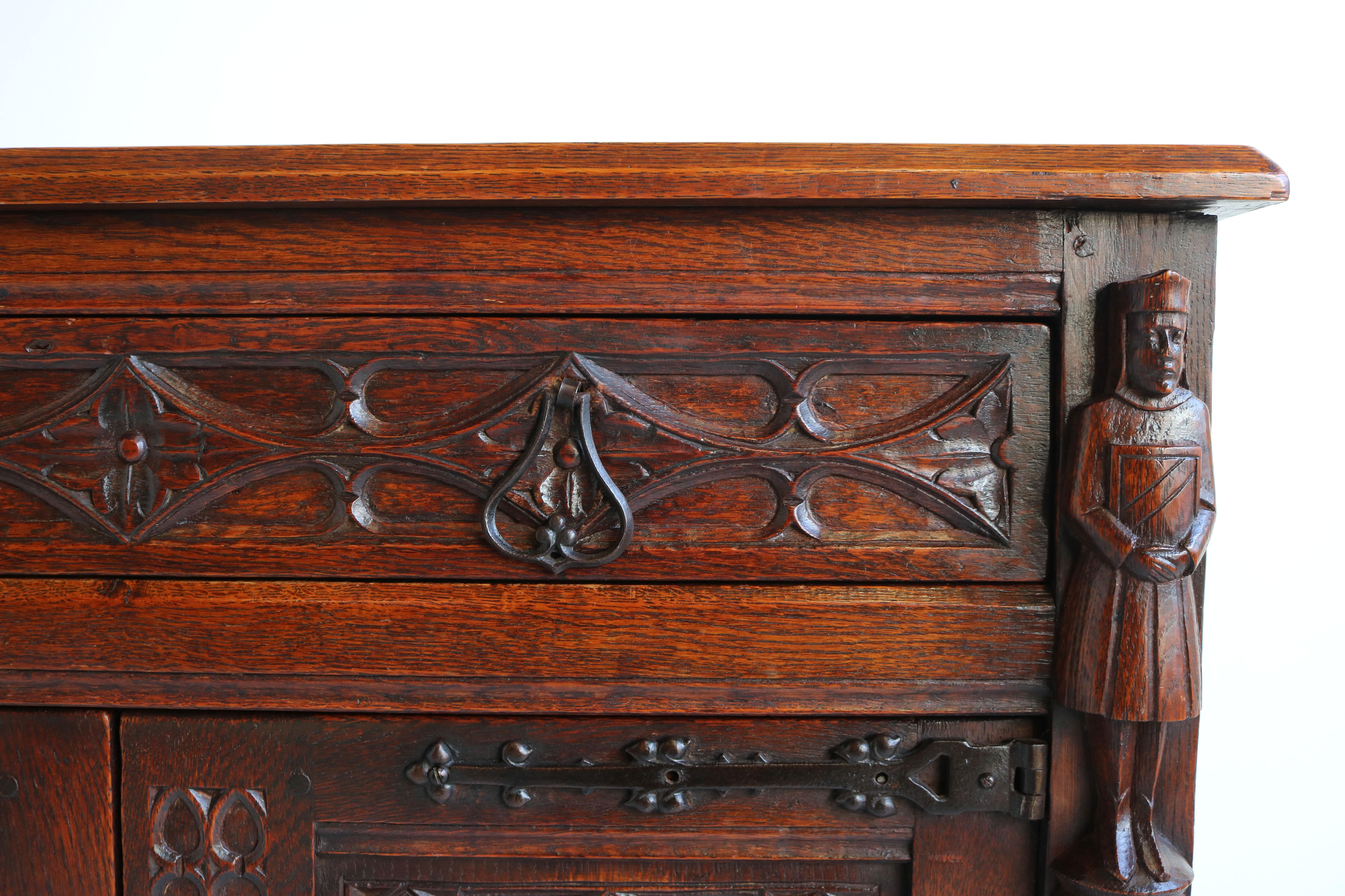 Early 20th Century French Antique Gothic Revival Cabinet / Small Credenza 1920 Knights Carved Oak