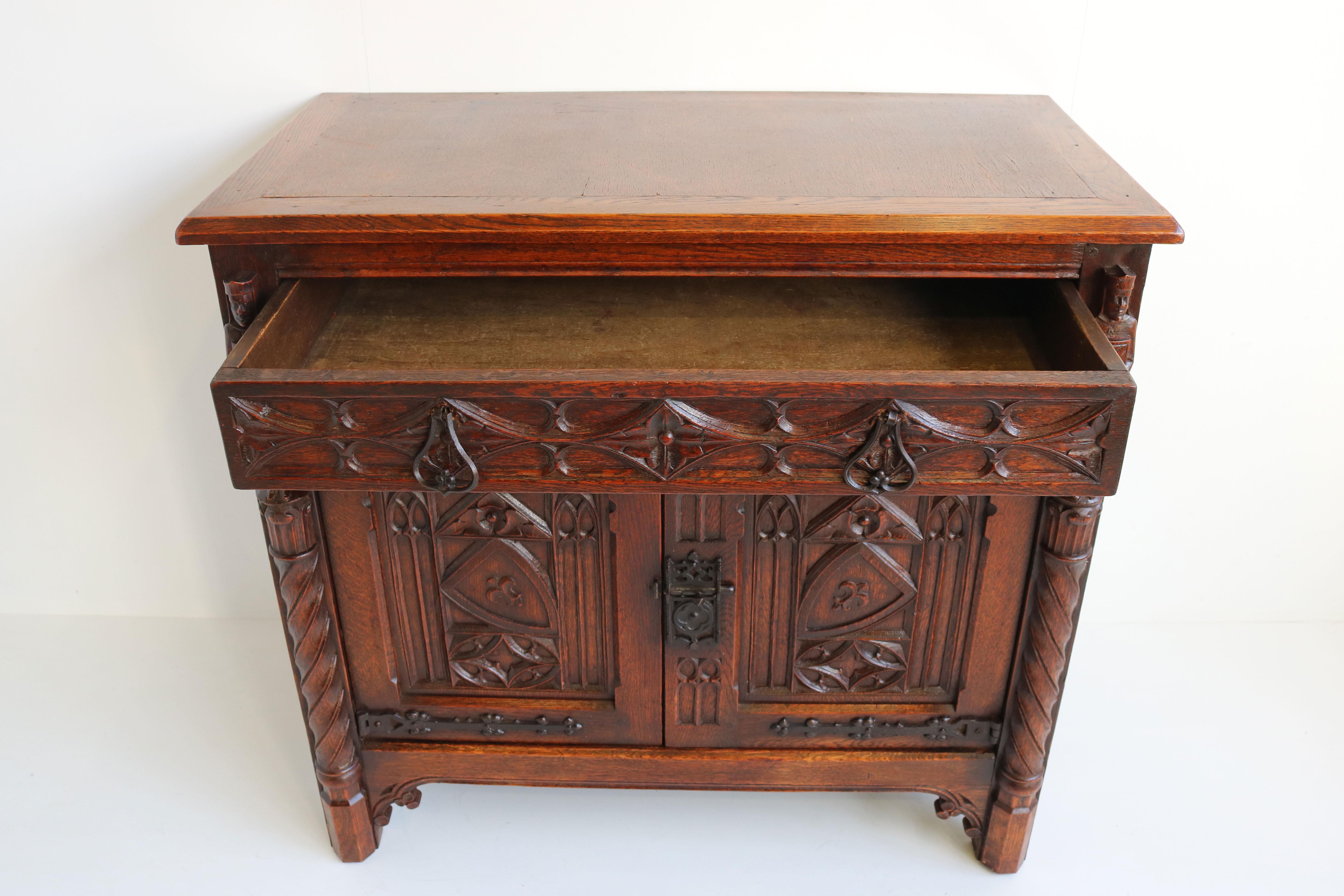 French Antique Gothic Revival Cabinet / Small Credenza 1920 Knights Carved Oak 1