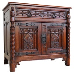 French Antique Gothic Revival Cabinet / Small Credenza 1920 Knights Carved Oak