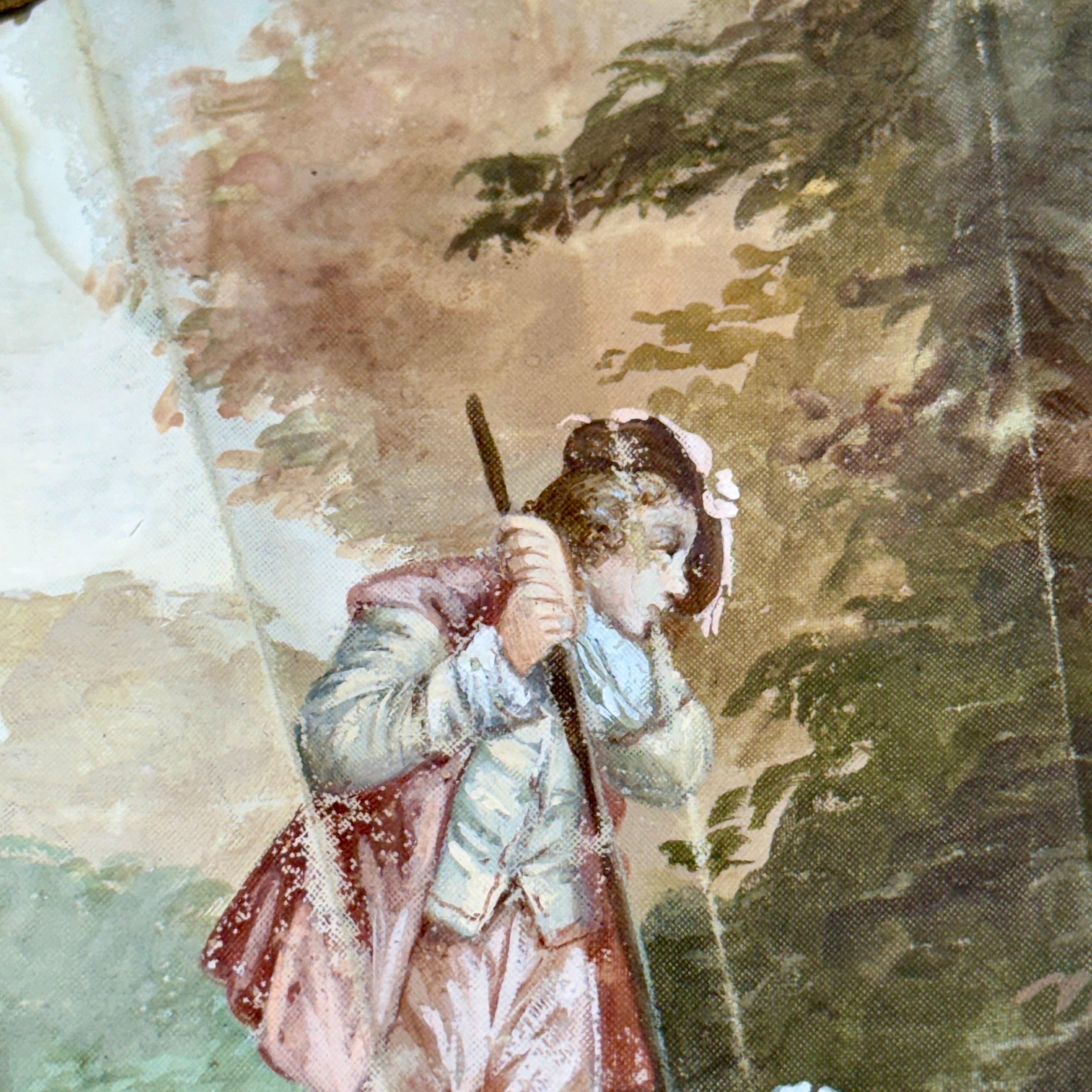 French Antique Hand Painted Folding Fan with Pastoral Scene For Sale 4