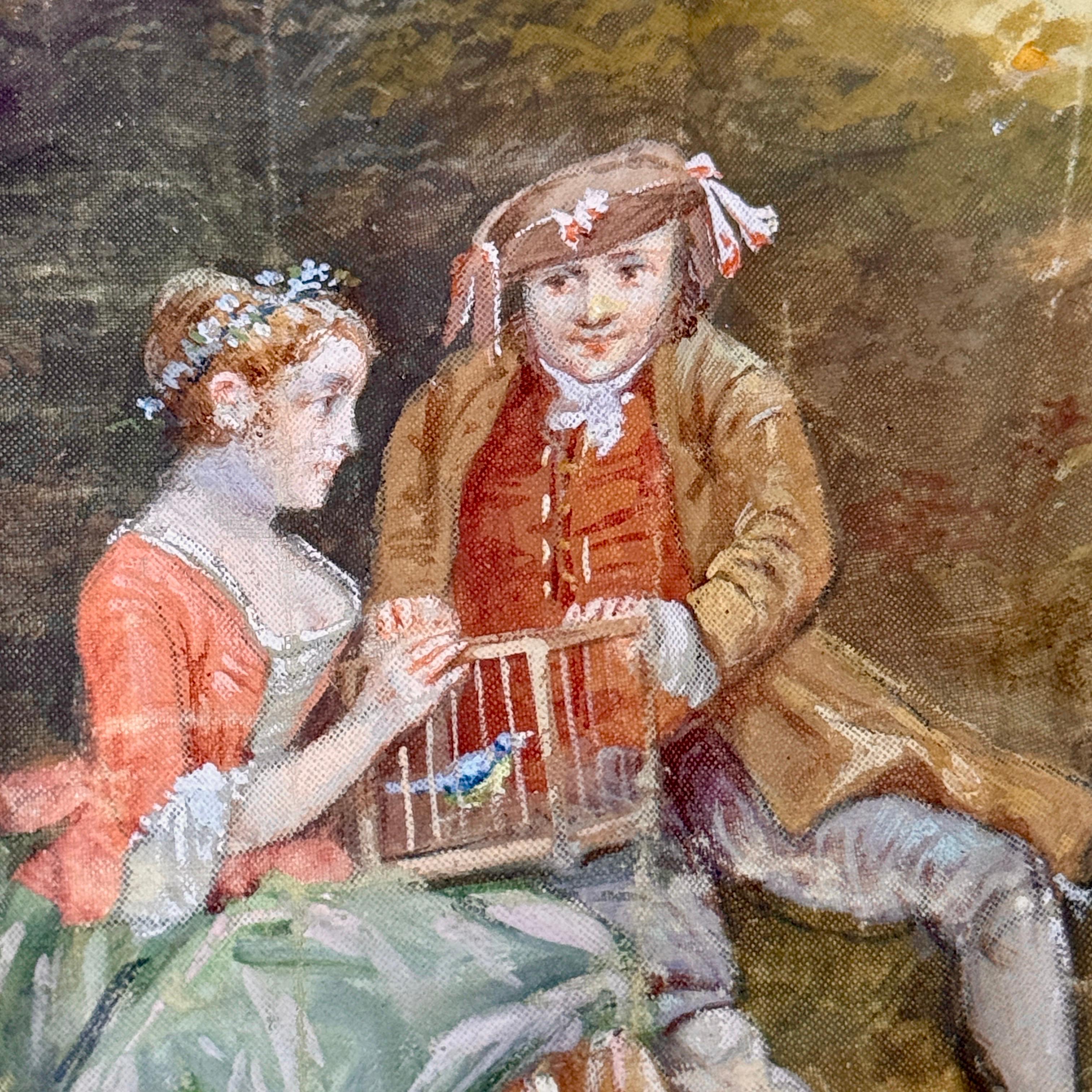 French Antique Hand Painted Folding Fan with Pastoral Scene For Sale 5