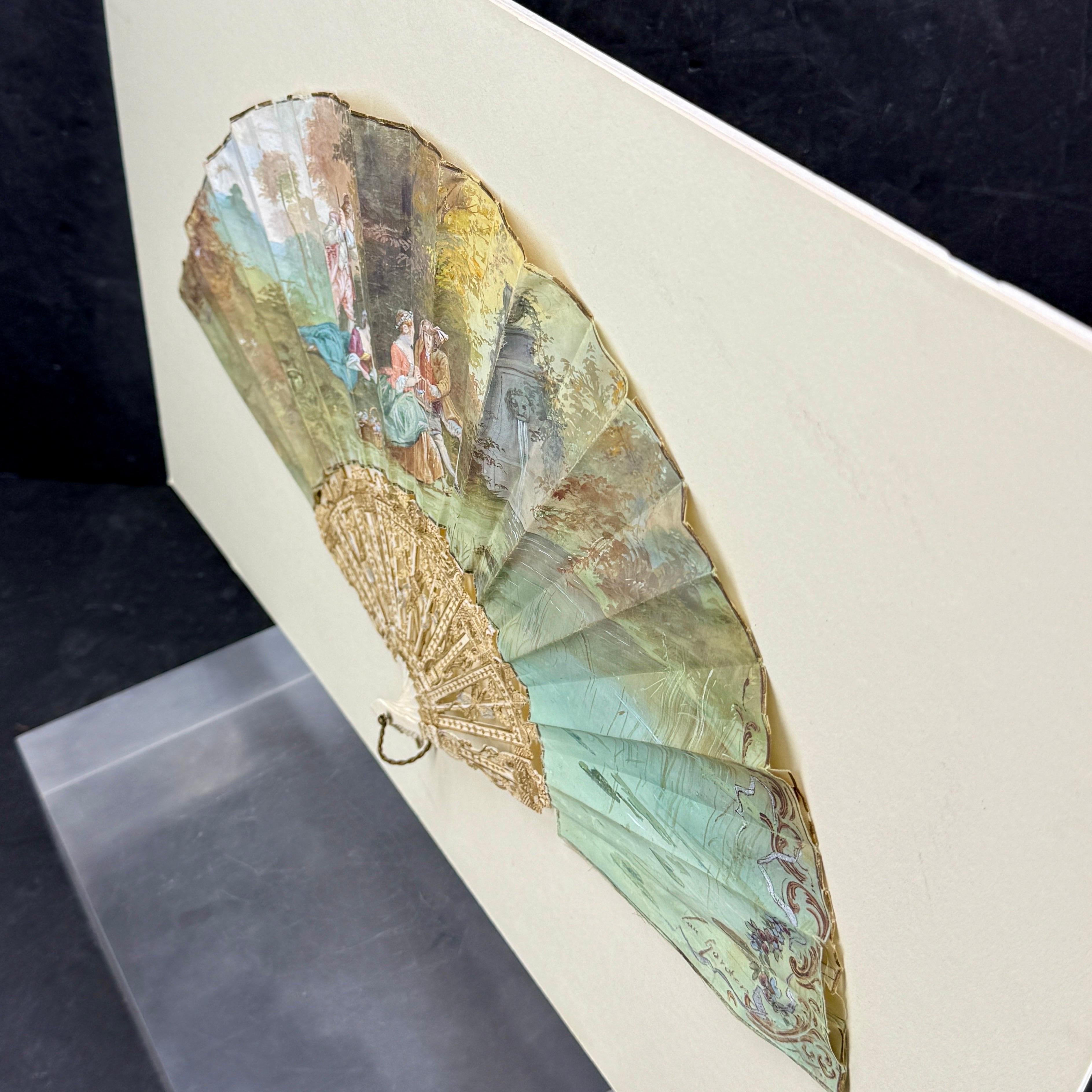 French Antique Hand Painted Folding Fan with Pastoral Scene For Sale 6