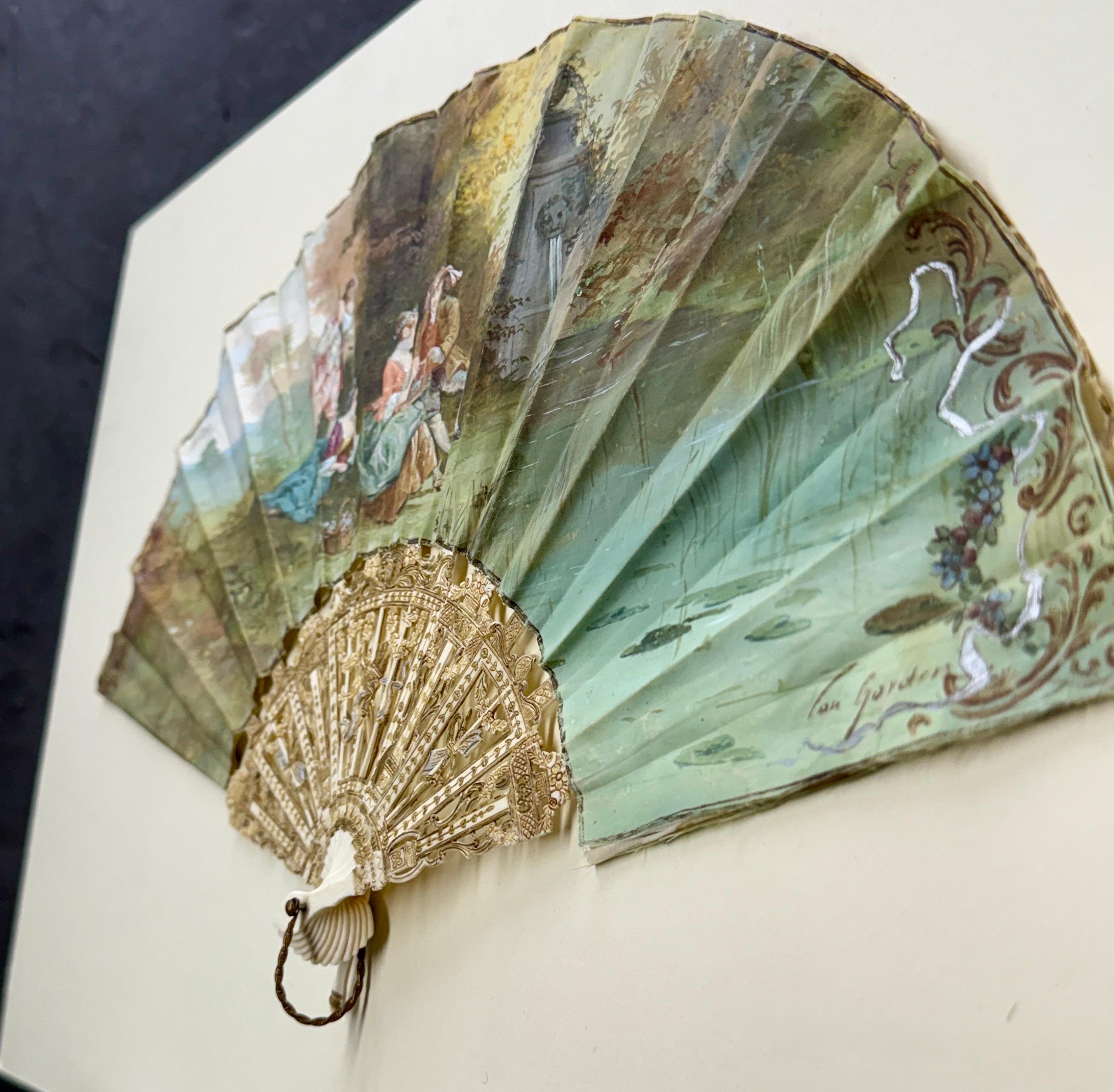 French Antique Hand Painted Folding Fan with Pastoral Scene For Sale 7