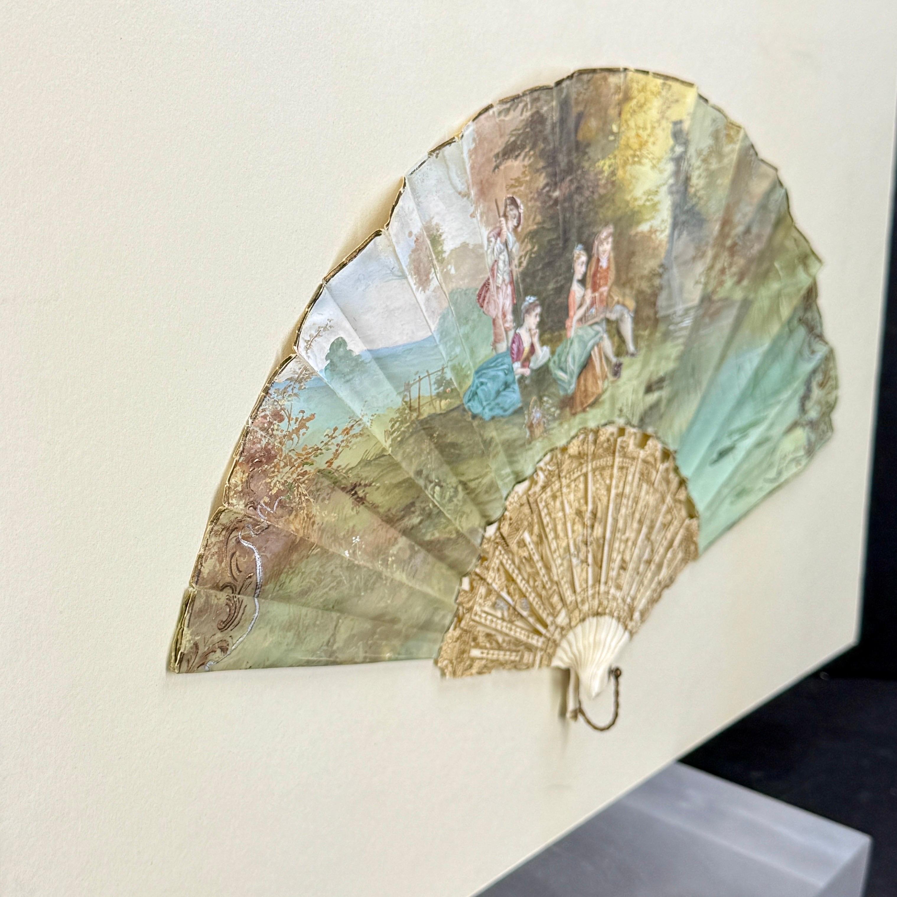 French Antique Hand Painted Folding Fan with Pastoral Scene For Sale 8