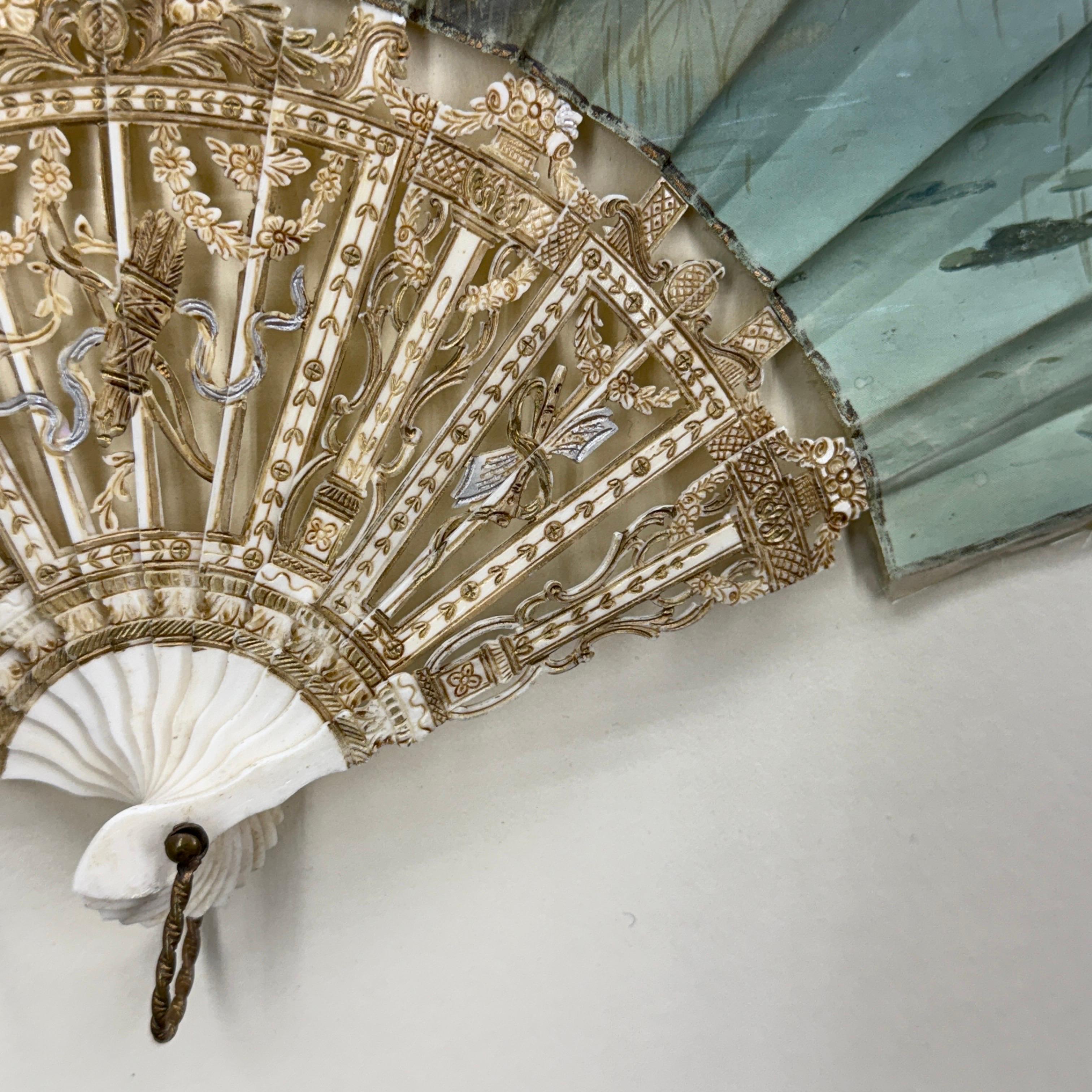 French Antique Hand Painted Folding Fan with Pastoral Scene For Sale 9