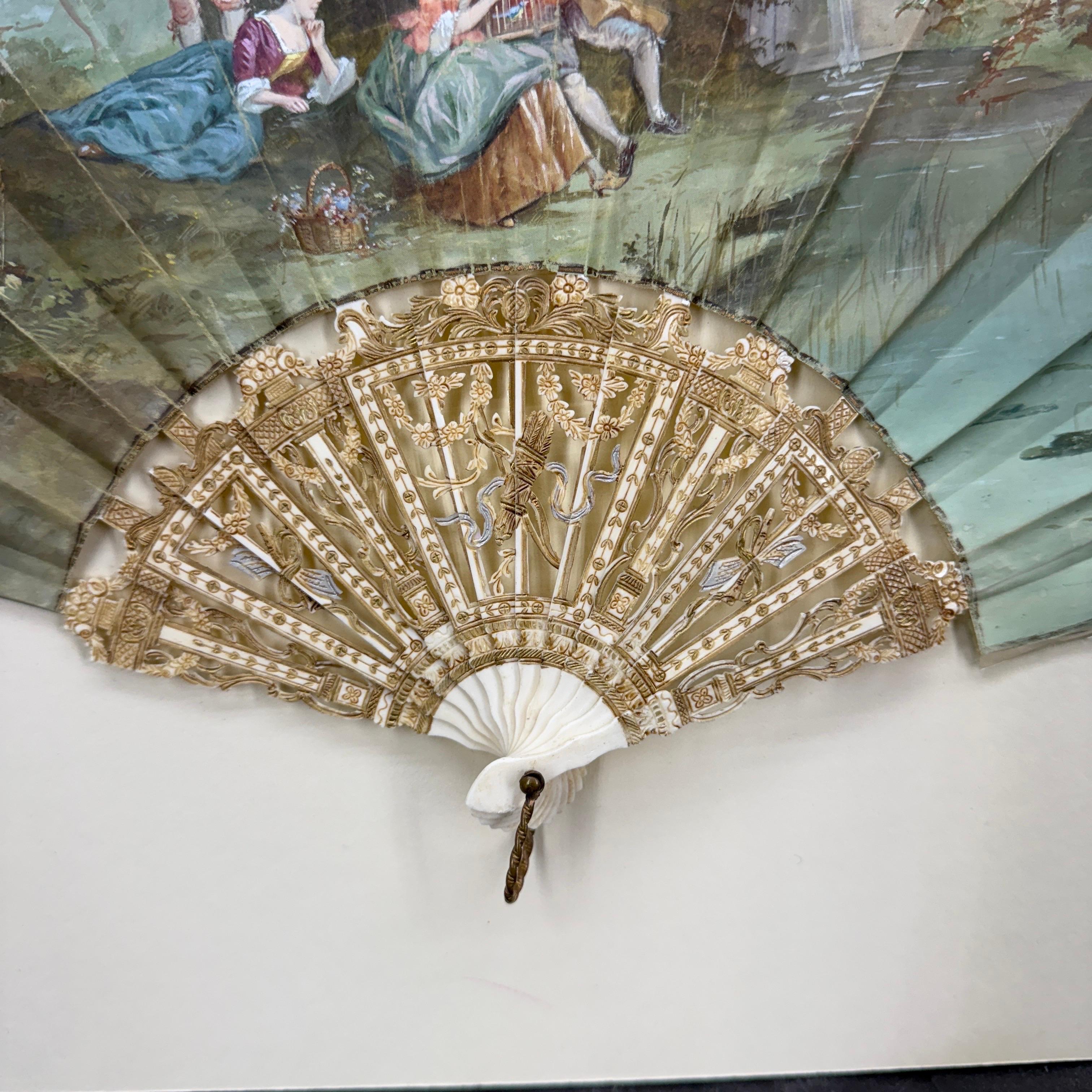 French Antique Hand Painted Folding Fan with Pastoral Scene For Sale 10