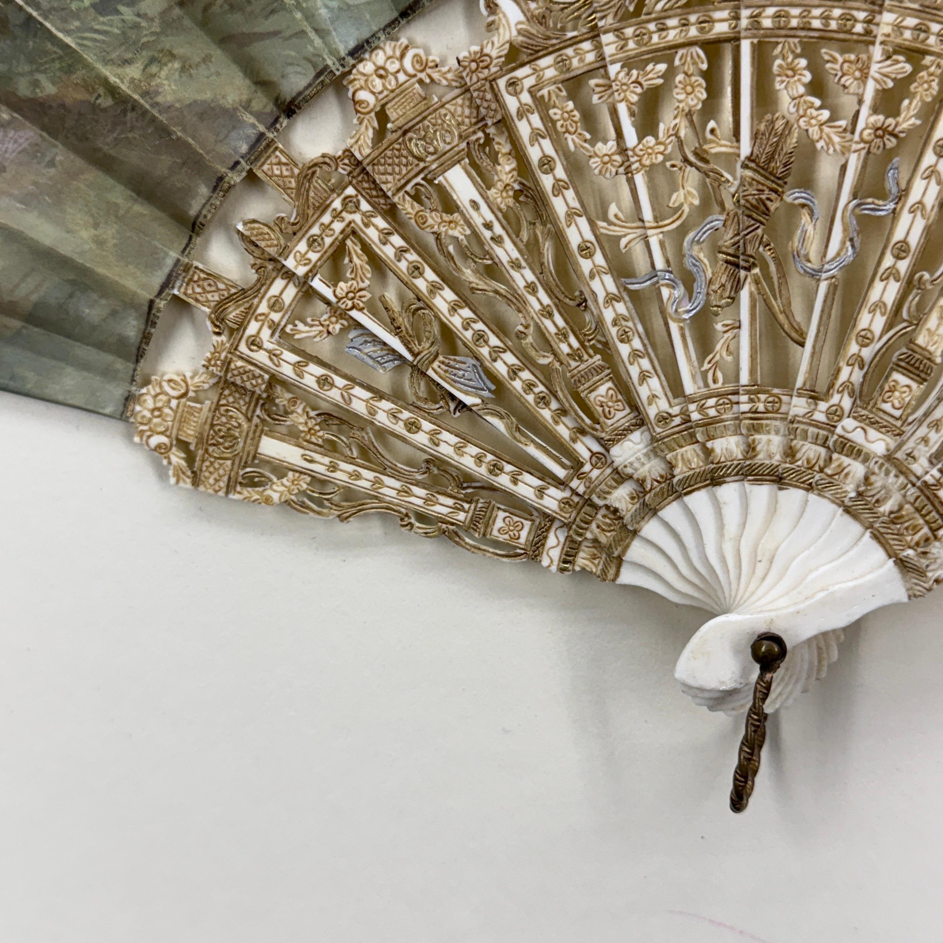 French Antique Hand Painted Folding Fan with Pastoral Scene For Sale 11