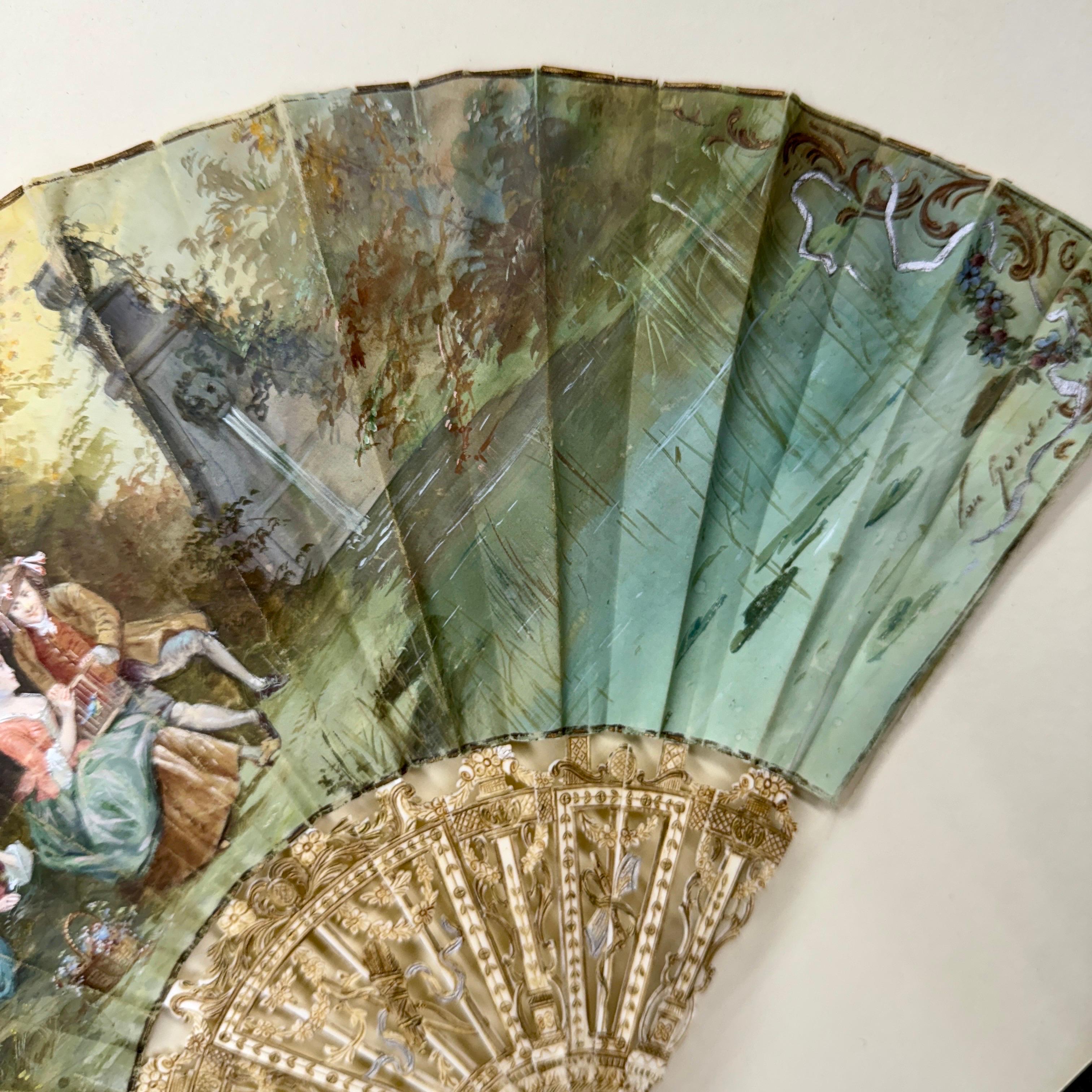 Rococo French Antique Hand Painted Folding Fan with Pastoral Scene For Sale