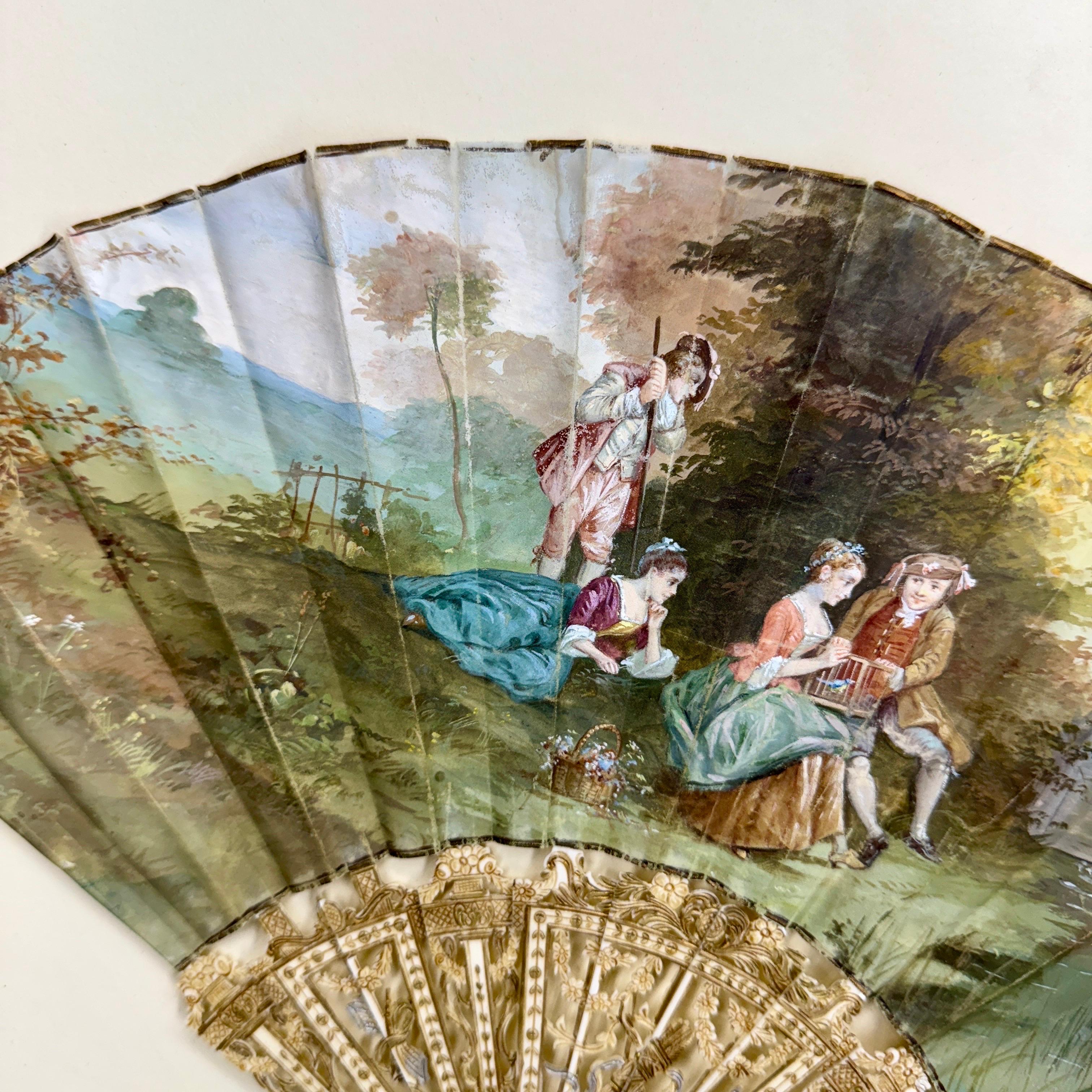 Hand-Crafted French Antique Hand Painted Folding Fan with Pastoral Scene For Sale