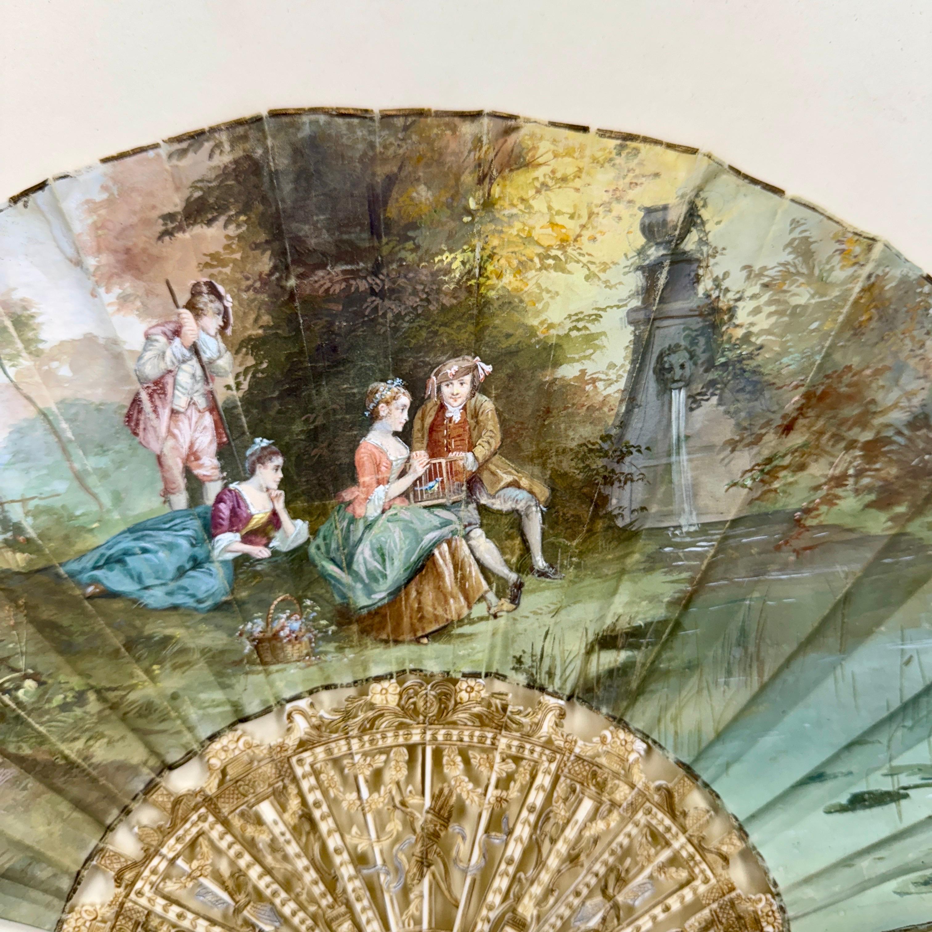 French Antique Hand Painted Folding Fan with Pastoral Scene In Good Condition For Sale In Haddonfield, NJ
