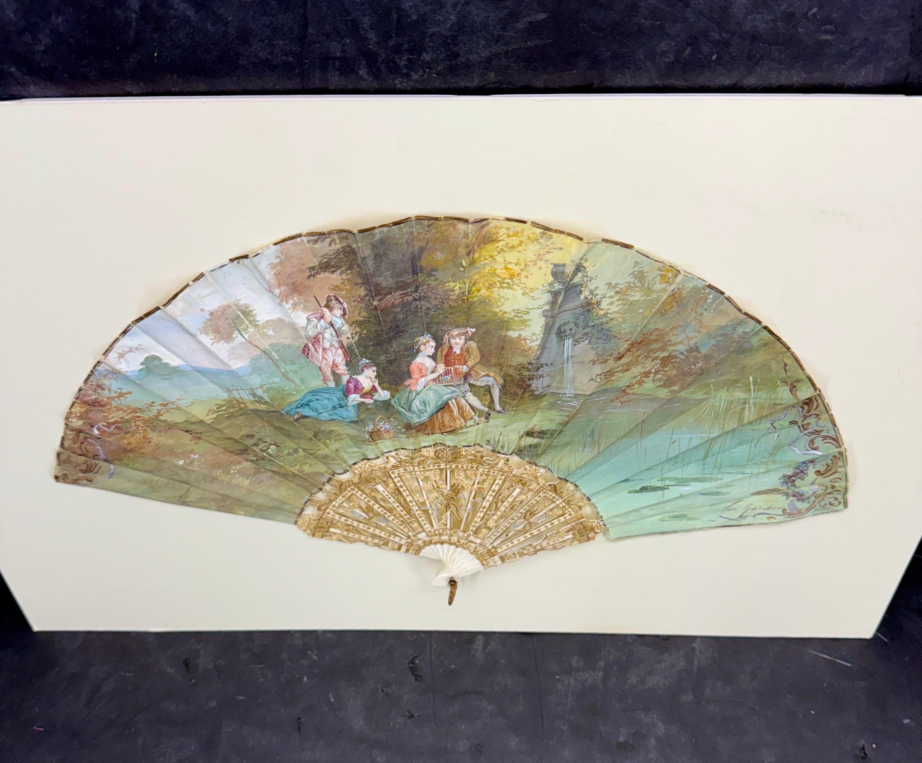 18th Century French Antique Hand Painted Folding Fan with Pastoral Scene For Sale