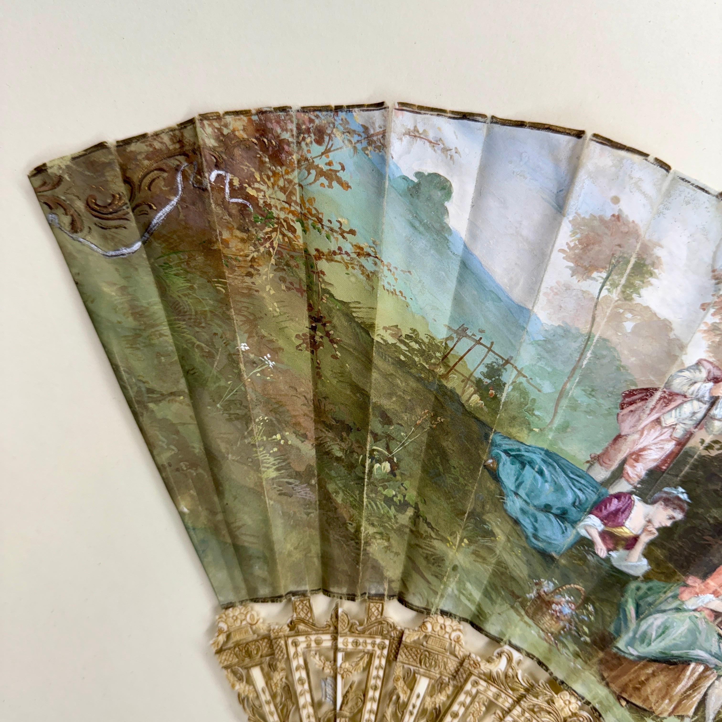 Antler French Antique Hand Painted Folding Fan with Pastoral Scene For Sale
