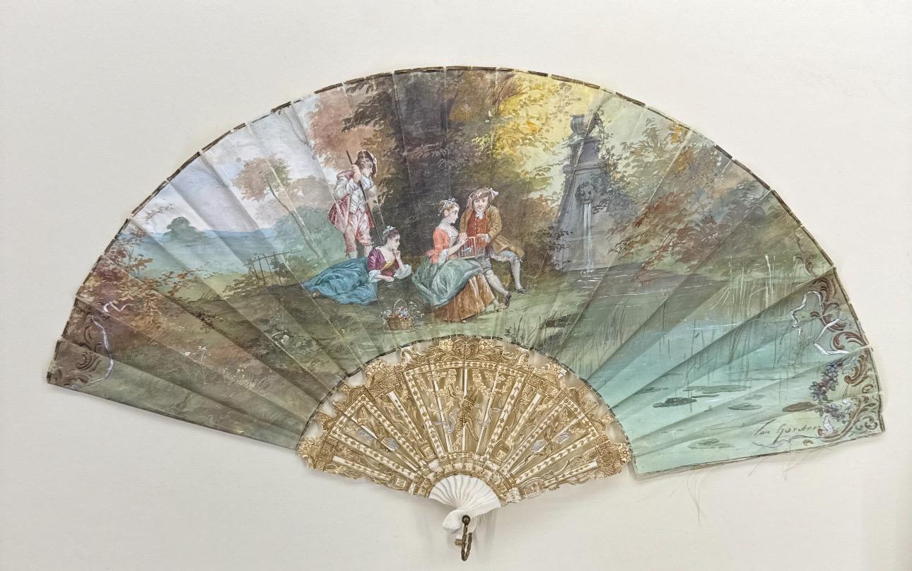 French Antique Hand Painted Folding Fan with Pastoral Scene For Sale 1