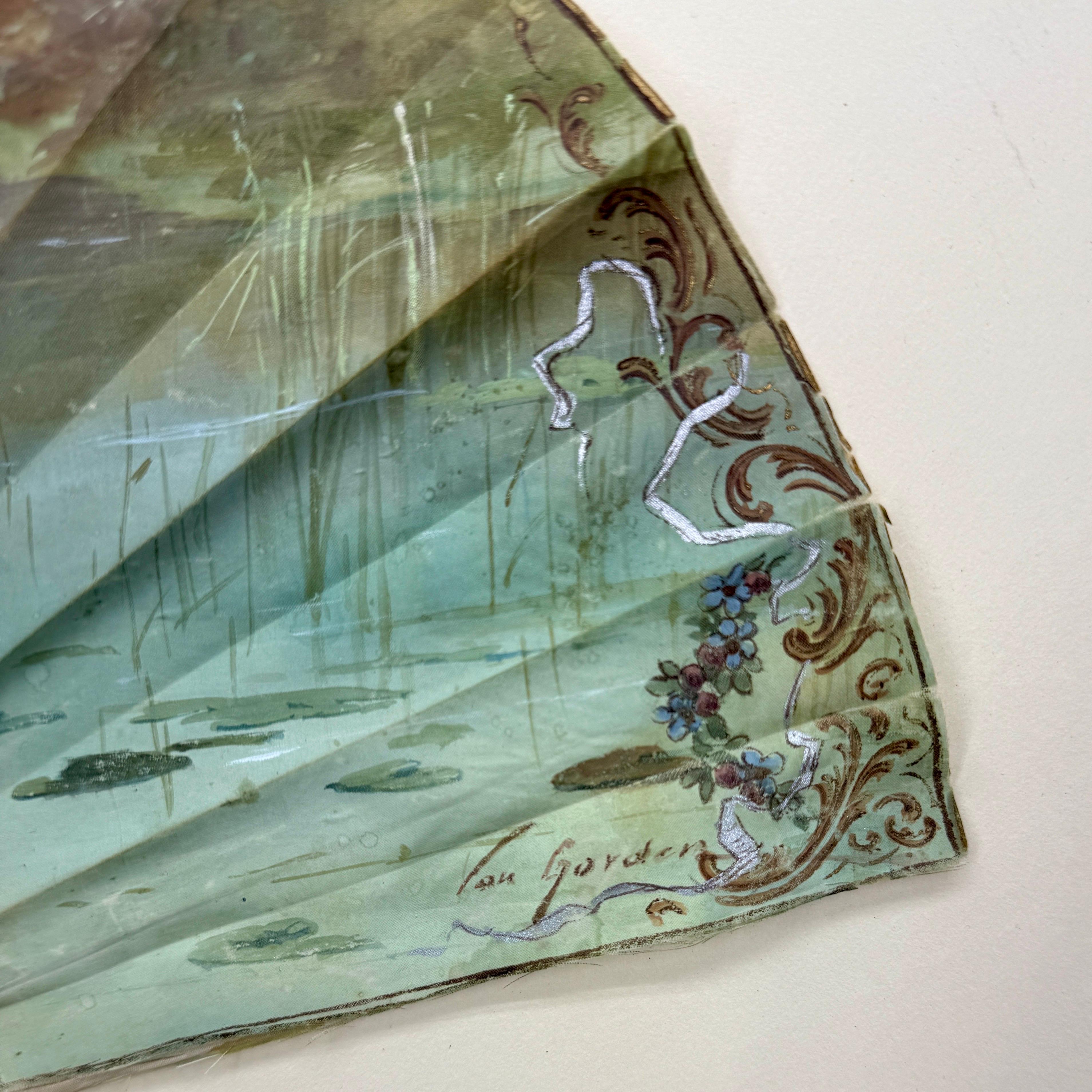 French Antique Hand Painted Folding Fan with Pastoral Scene For Sale 2
