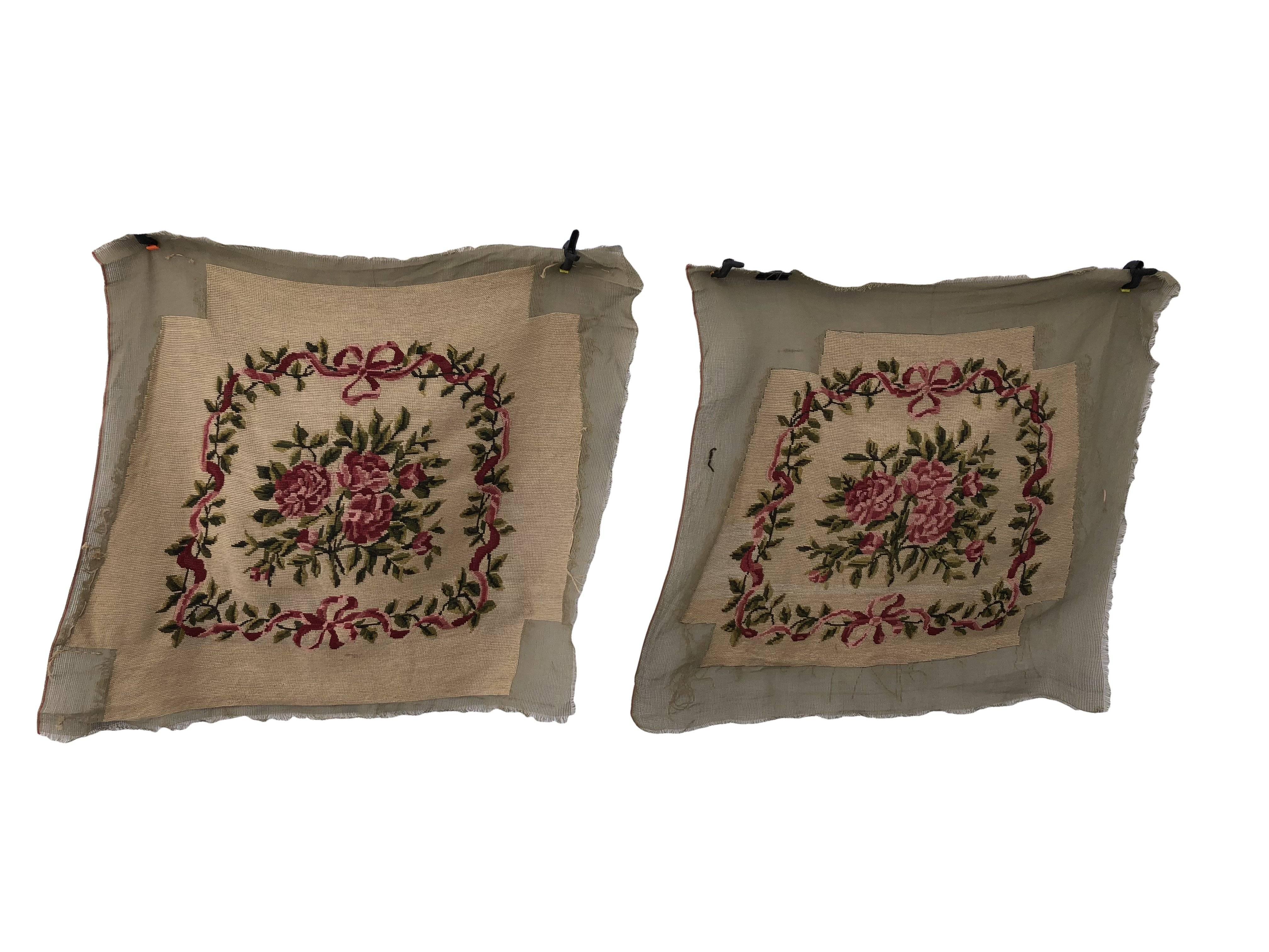 These beautiful floral design French antique hand woven wool chair and armchair seat covers are all on French canvas. Likely Aubusson seat covers. The corners are cut for various chair seat sizes and come in four sets of two plus one smaller size.