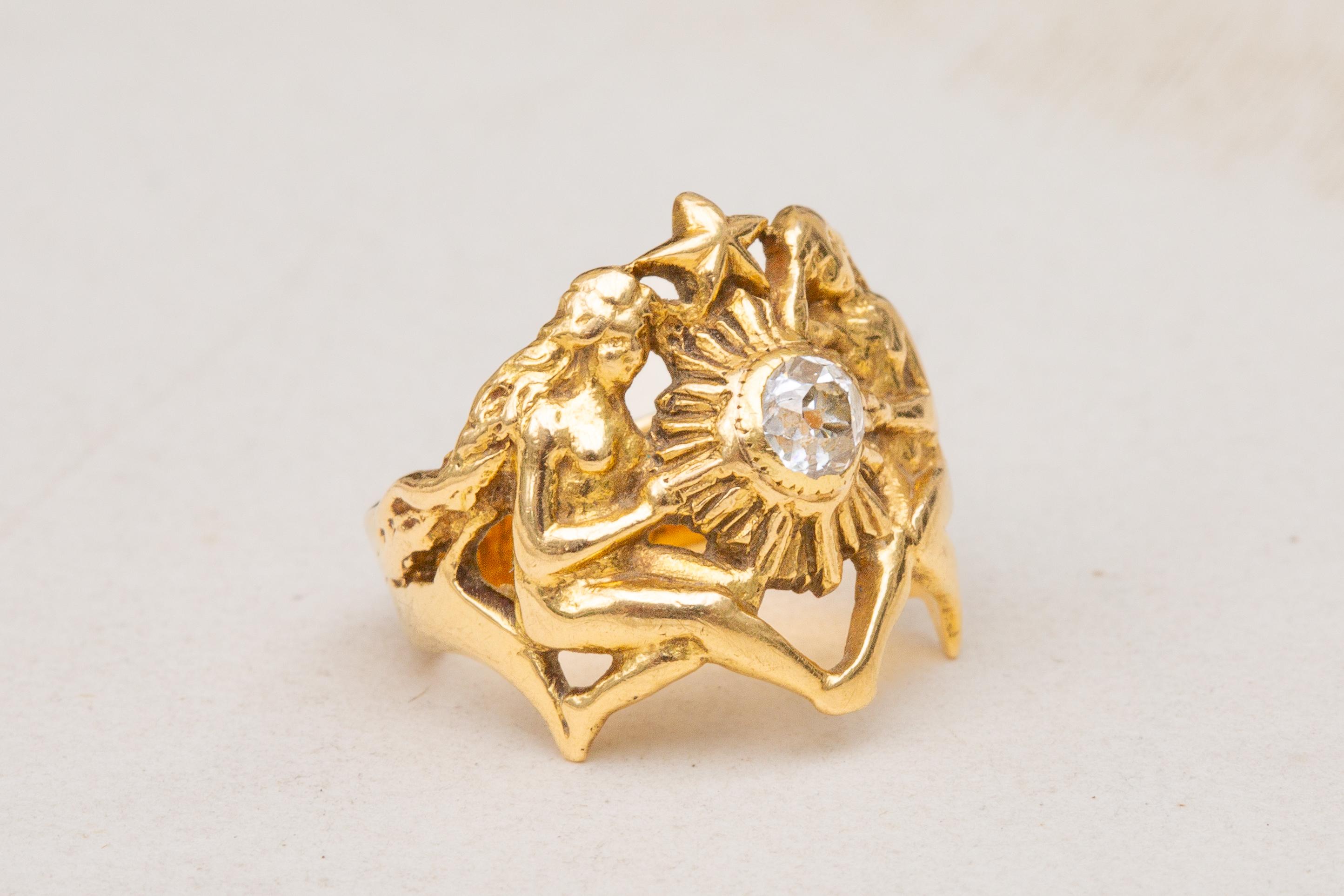 French Antique Heavy 18K Gold Ethereal Figural 0.35ct Old European Cut Diamond 7