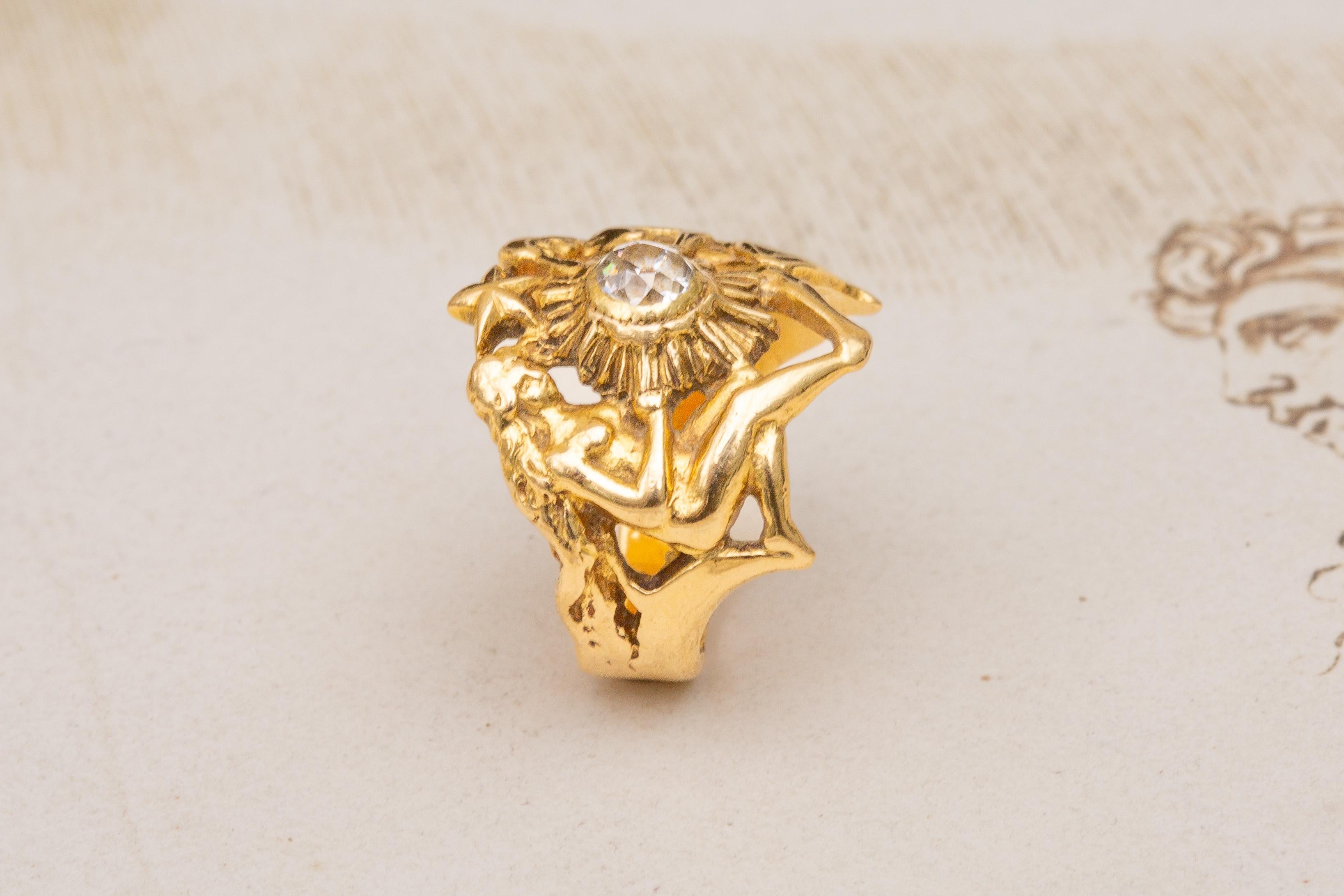 Art Nouveau French Antique Heavy 18K Gold Ethereal Figural 0.35ct Old European Cut Diamond