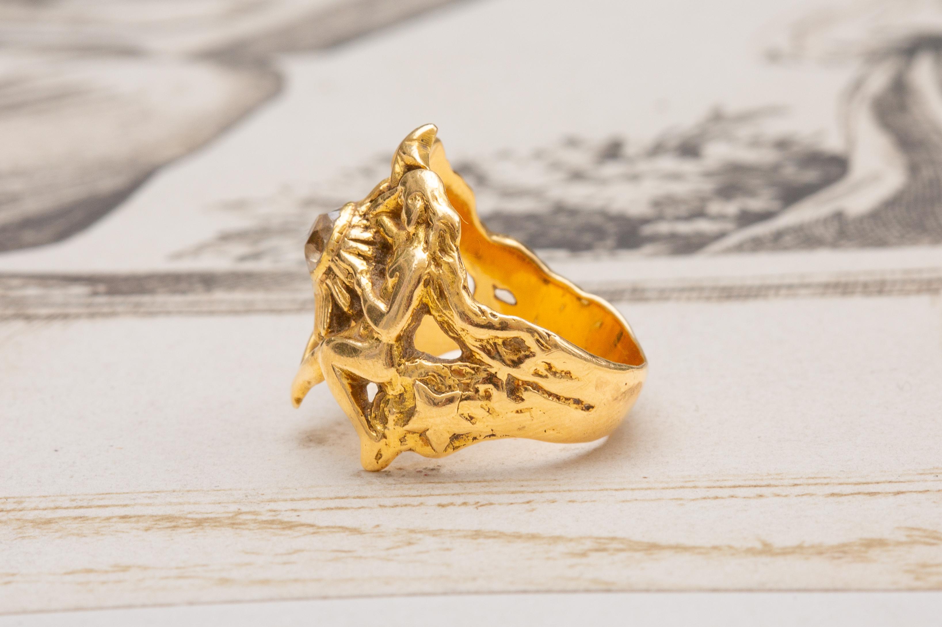 French Antique Heavy 18K Gold Ethereal Figural 0.35ct Old European Cut Diamond In Good Condition In London, GB