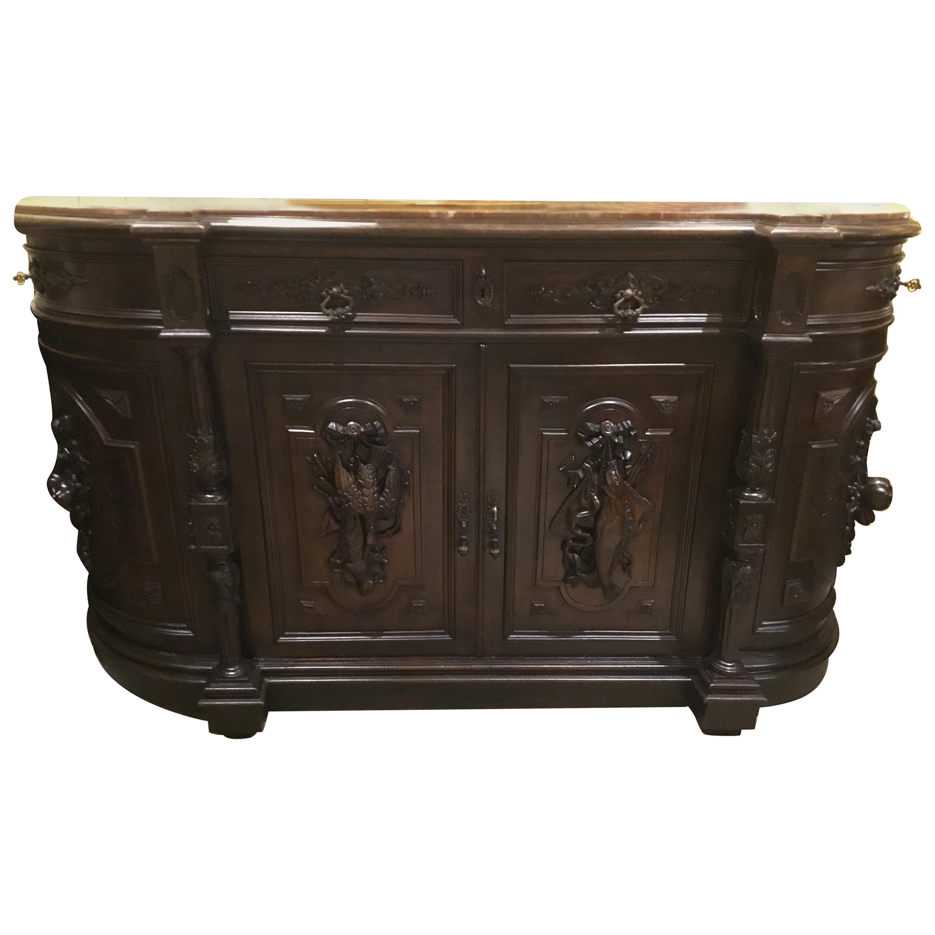 French Antique Hunt Cabinet, circa 1870 in Walnut and Marble Top