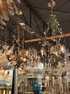 French Antique Iron And Porcelain Flower Chandeliers