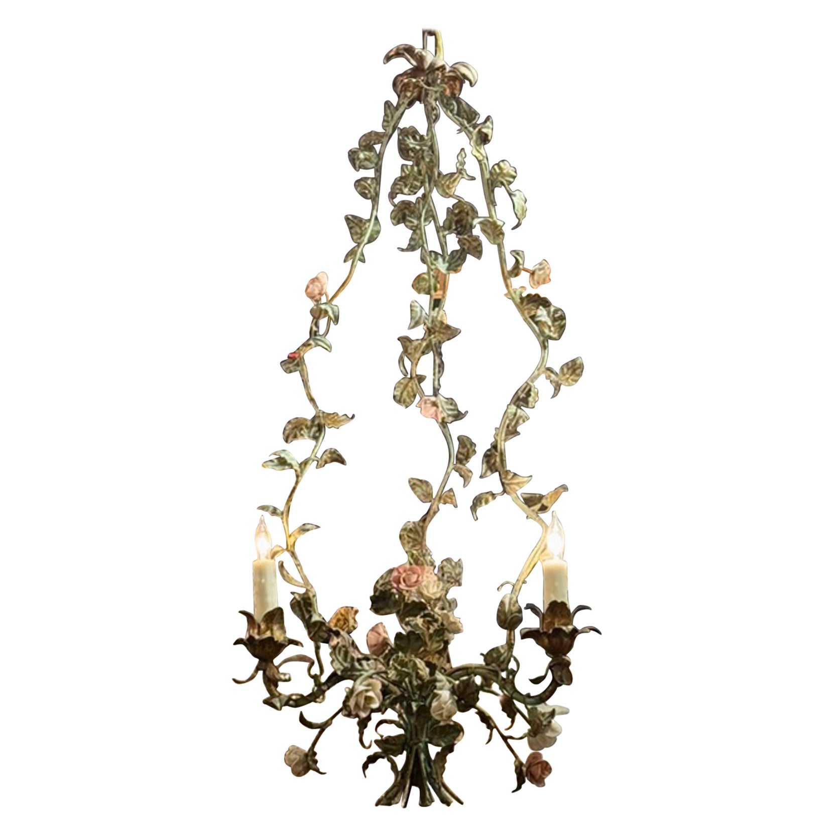 Lustres à fleurs en fer et porcelaine Antique French
